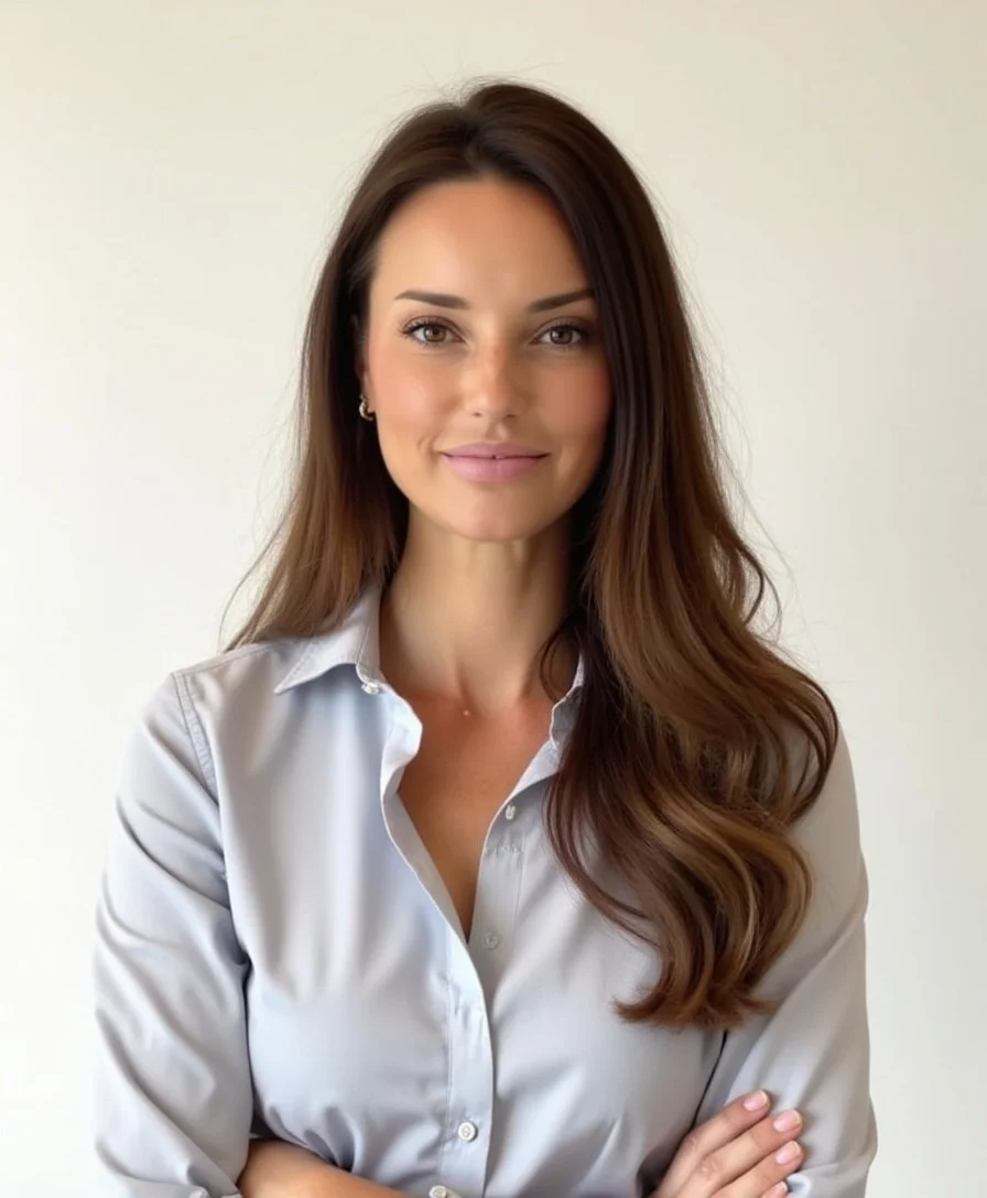 Portrait of a young woman with long, wavy brown hair, wearing a light gray button-up shirt, smiling softly with arms crossed, against a plain white background.