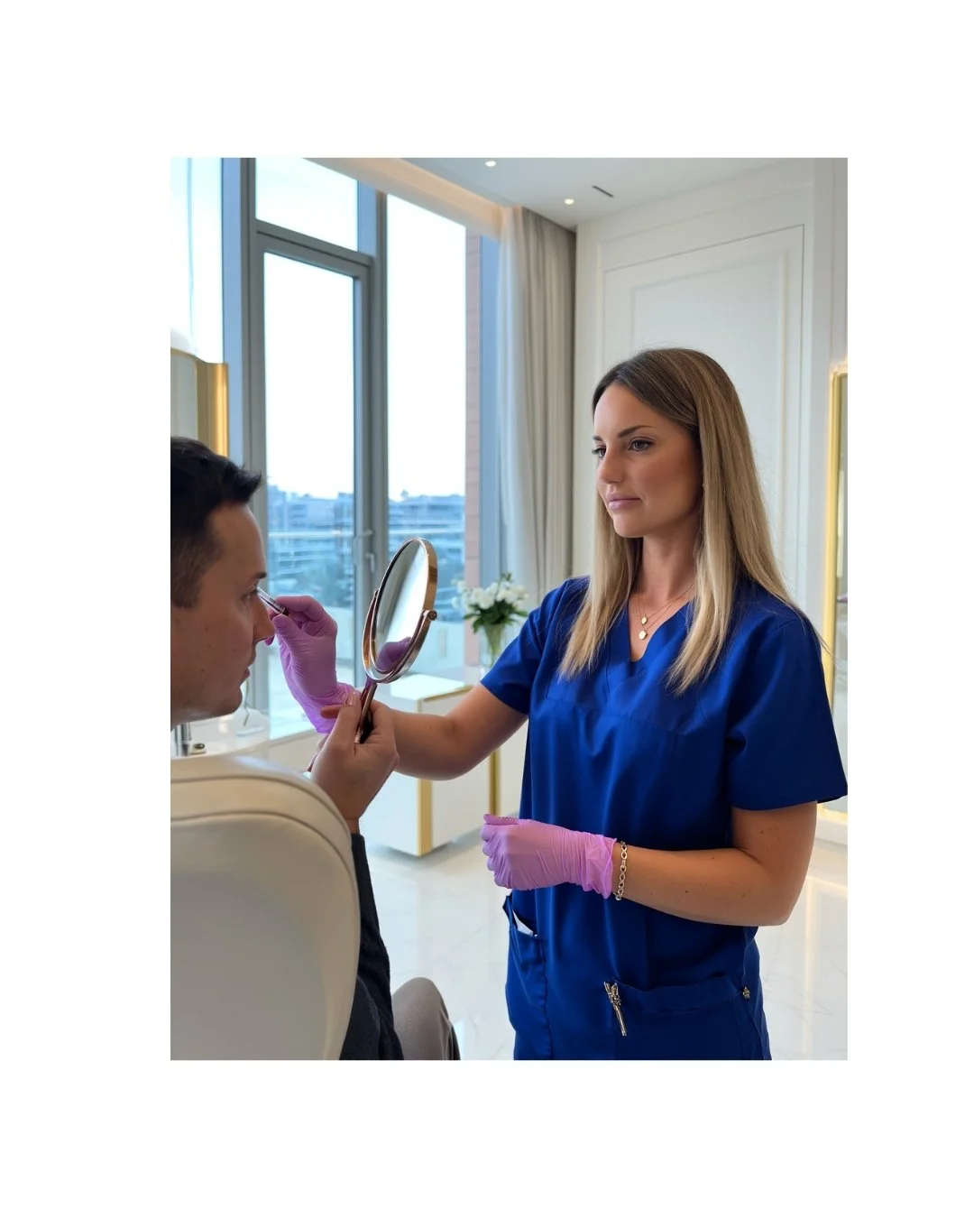 A woman in blue scrubs holding a mirror and examining a man's face in a bright room with large windows and city view.