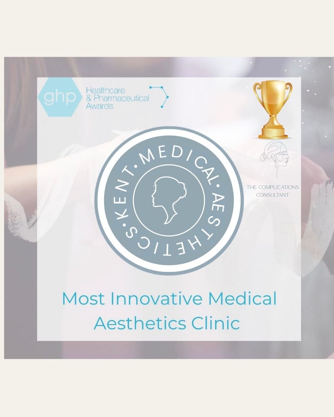 Award certificate for the most innovative medical aesthetics clinic at the healthcare and pharmaceutical awards, featuring a golden trophy icon, a logo with the silhouette of a woman's face, and text highlighting the achievement.