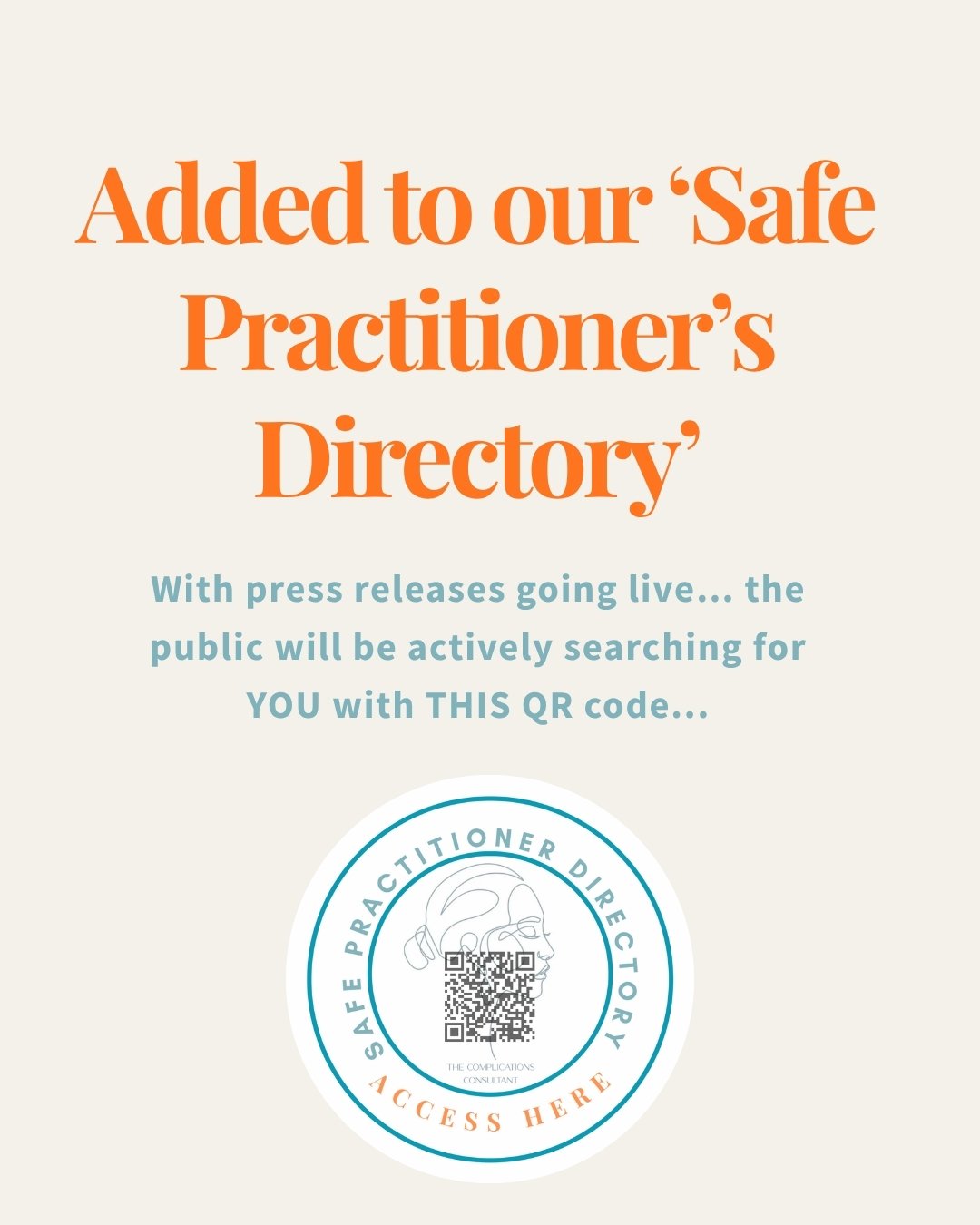 Announcement for added directory access via QR code for the Safe Practitioner Directory, with instructions for active searching.