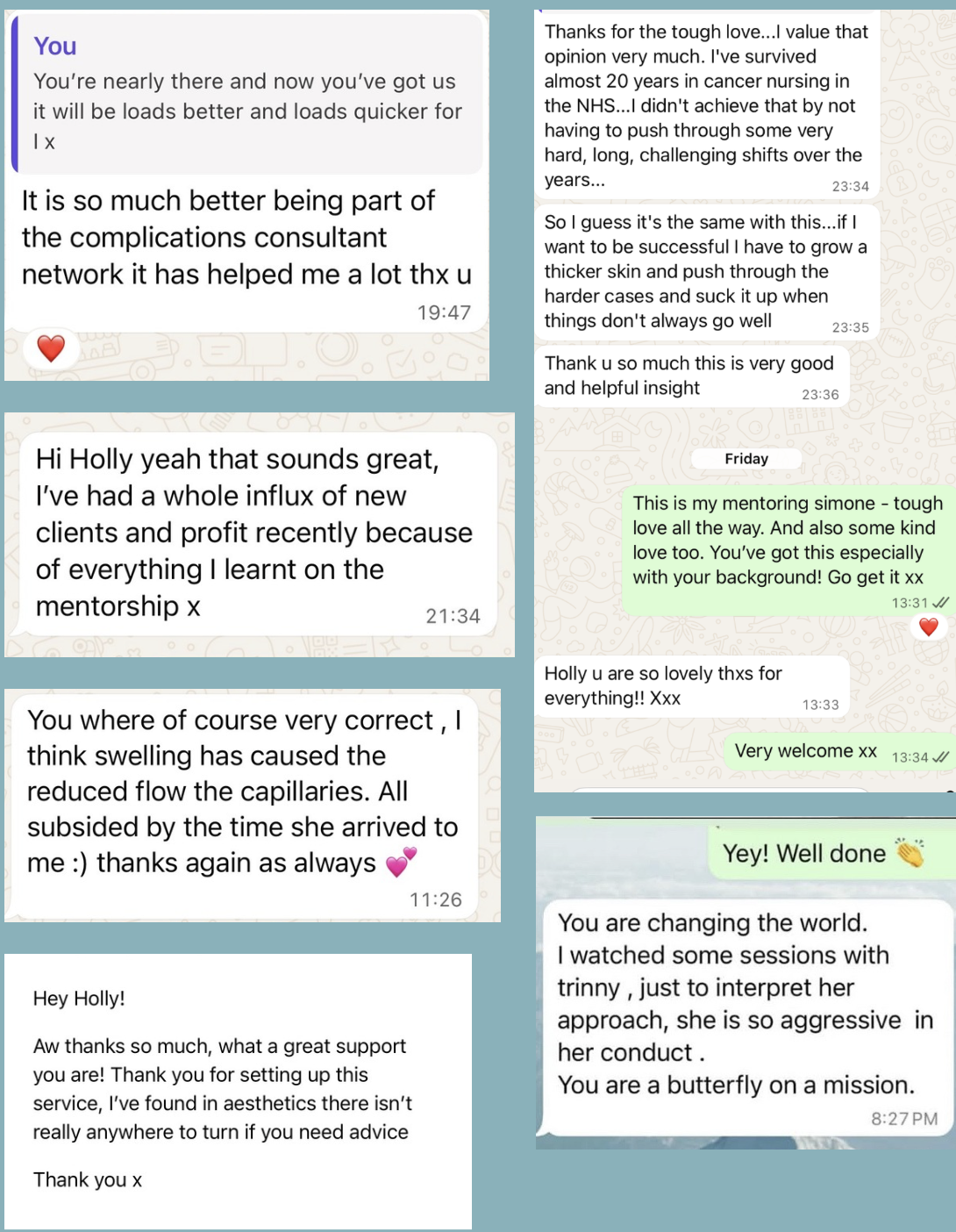Collection of WhatsApp and Messenger conversation screenshots with messages of gratitude, coaching, mentoring, and positive feedback.