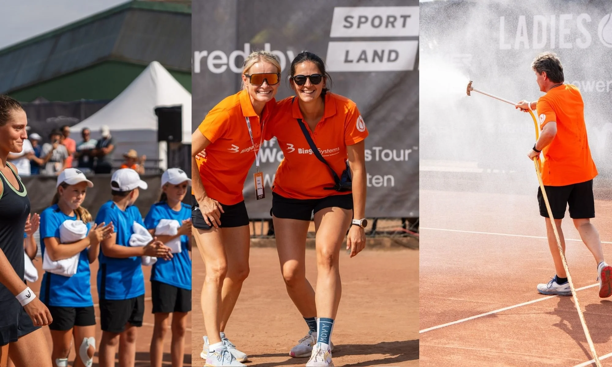 Ballkinder klatschen am Center Court für die Siegerin 2024, Elena Pridankina. Zwei Mitarbeiterinnen der medizinischen Abteilung strahlen in die Kamera. Ein Mitglied des Platzteams spritzt den Center Court.