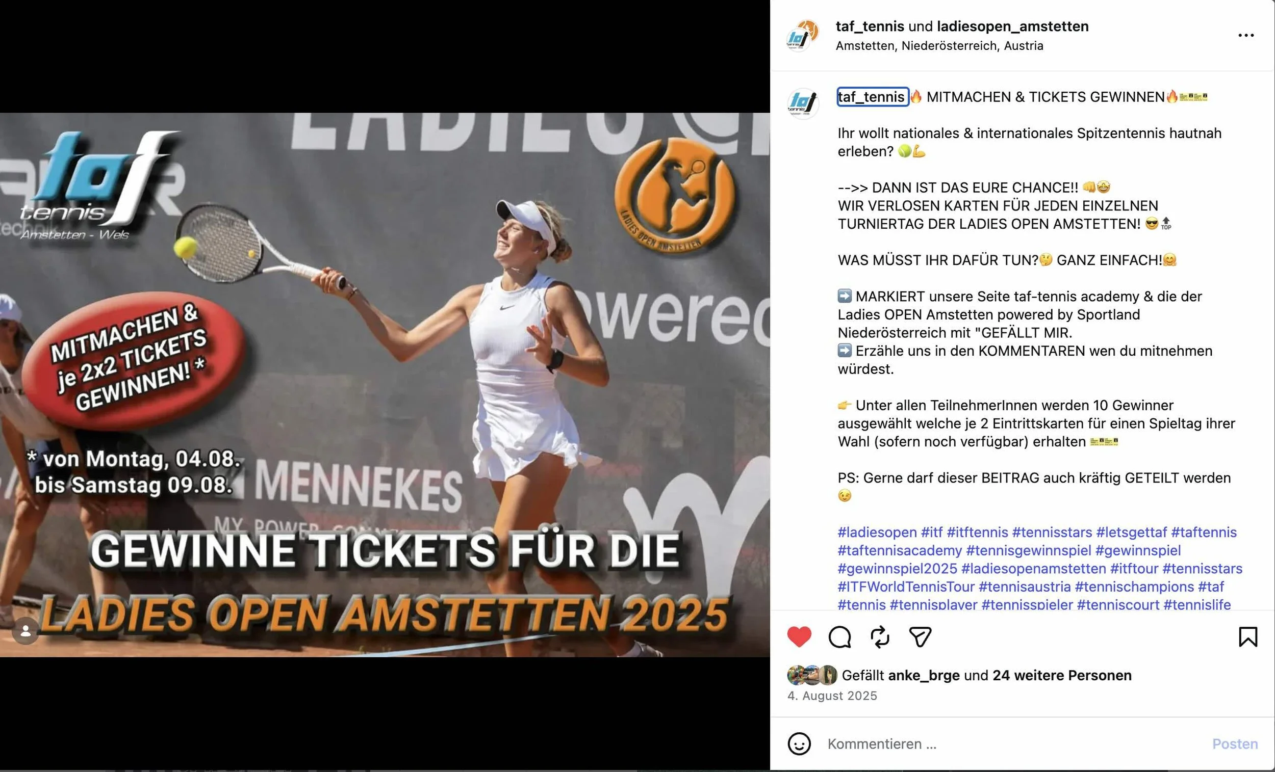 Eine Tennisspielerin schlägt einen Ball auf einem Tennisplatz. Es gibt Werbeanzeigen und Text auf dem Bild, das für ein Tennisturnier namens 'Ladies Open Amstetten 2025' wirbt.