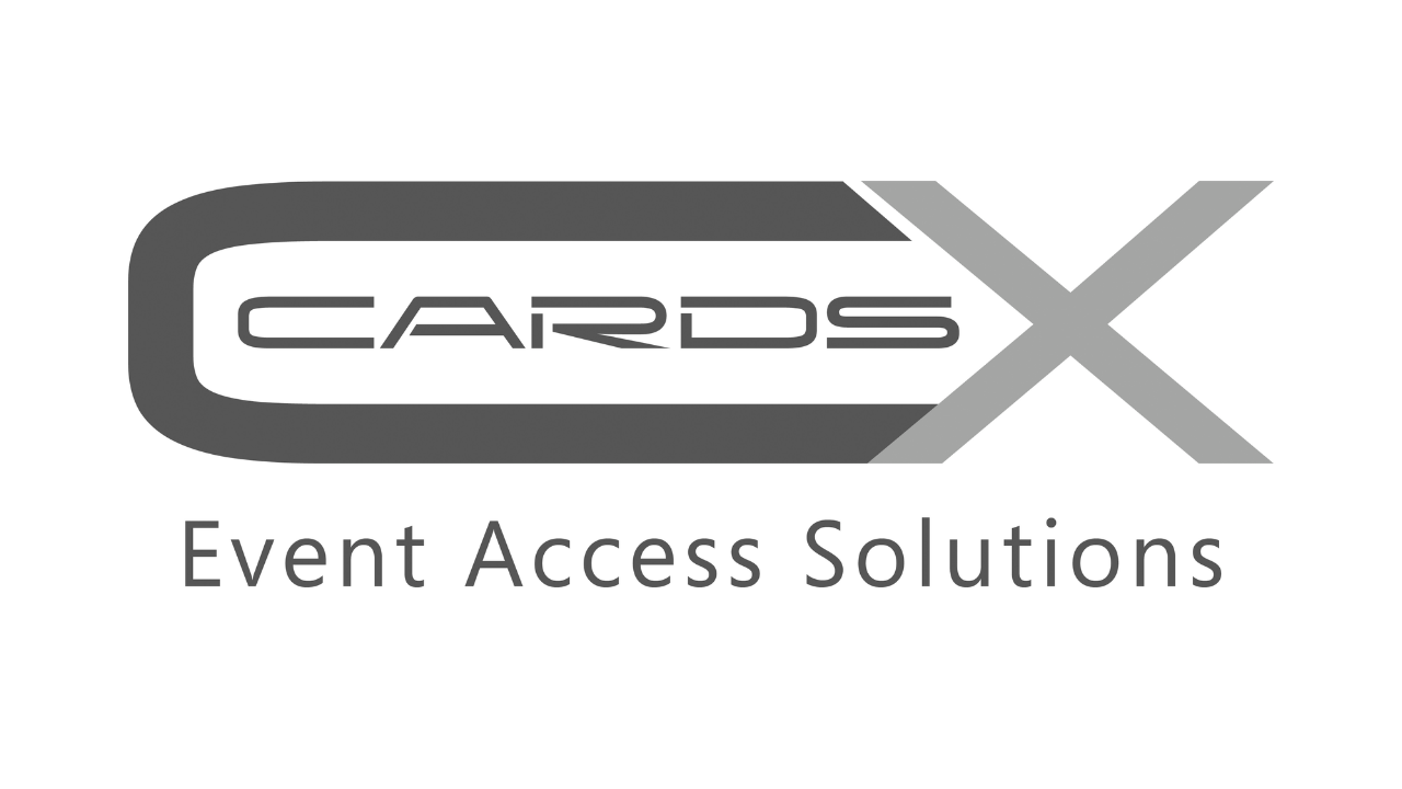 Logo mit dem Text 'CARDS X' und darunter 'Event Access Solutions' in Schwarz- und Grautönen.
