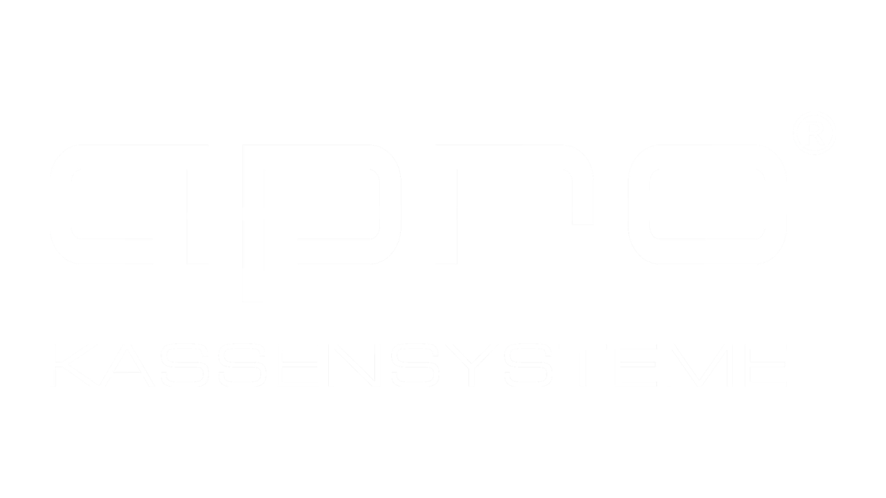 Logo von APRO KASSENSYSTEME, der Schriftzug ist in weiß auf schwarzem Hintergrund