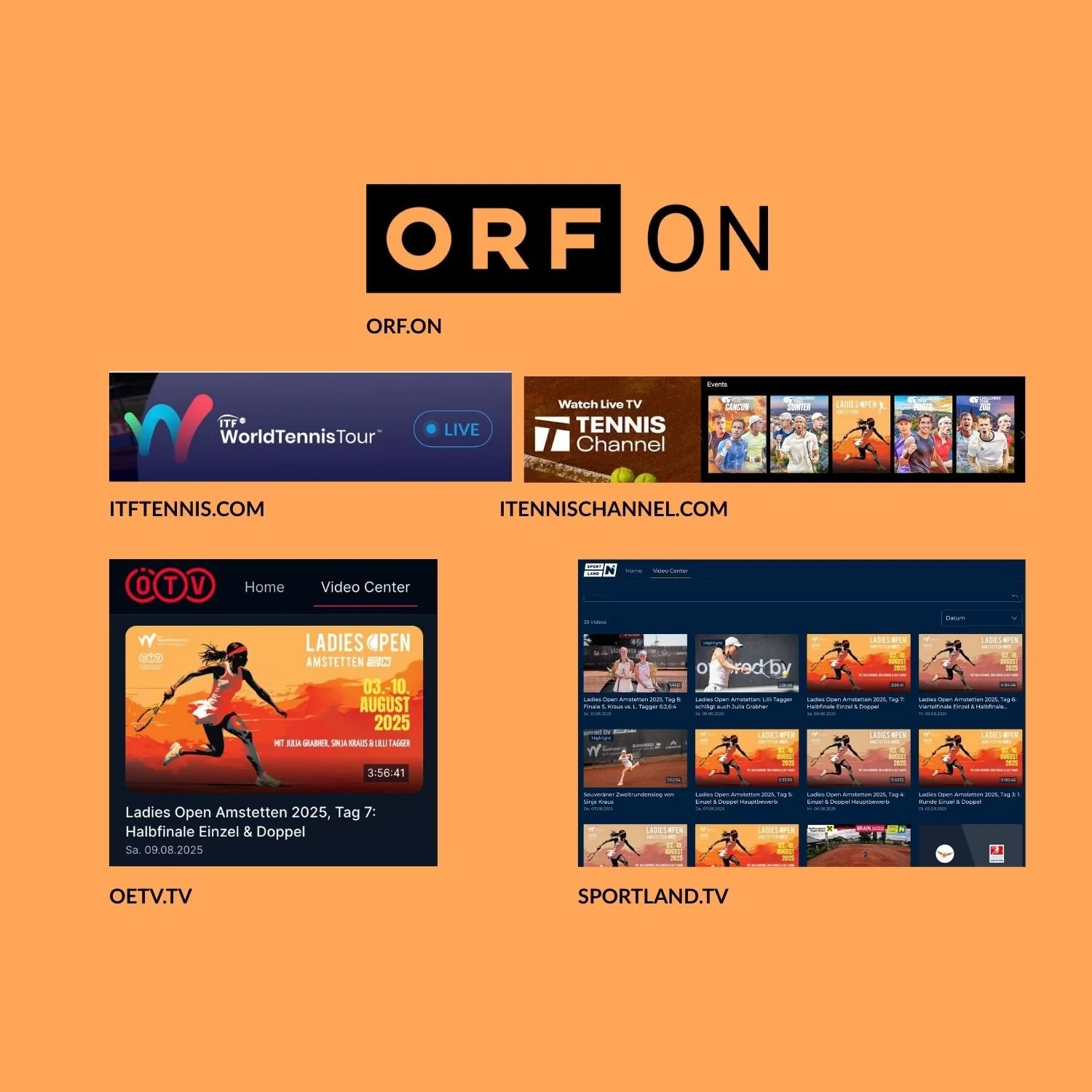 Ein orangefarbener Hintergrund mit mehreren Logos und Screenshots von Tennis-Shows und -Turnieren, inklusive Webseiten-URLs für Tennis-Streaming-Dienste.