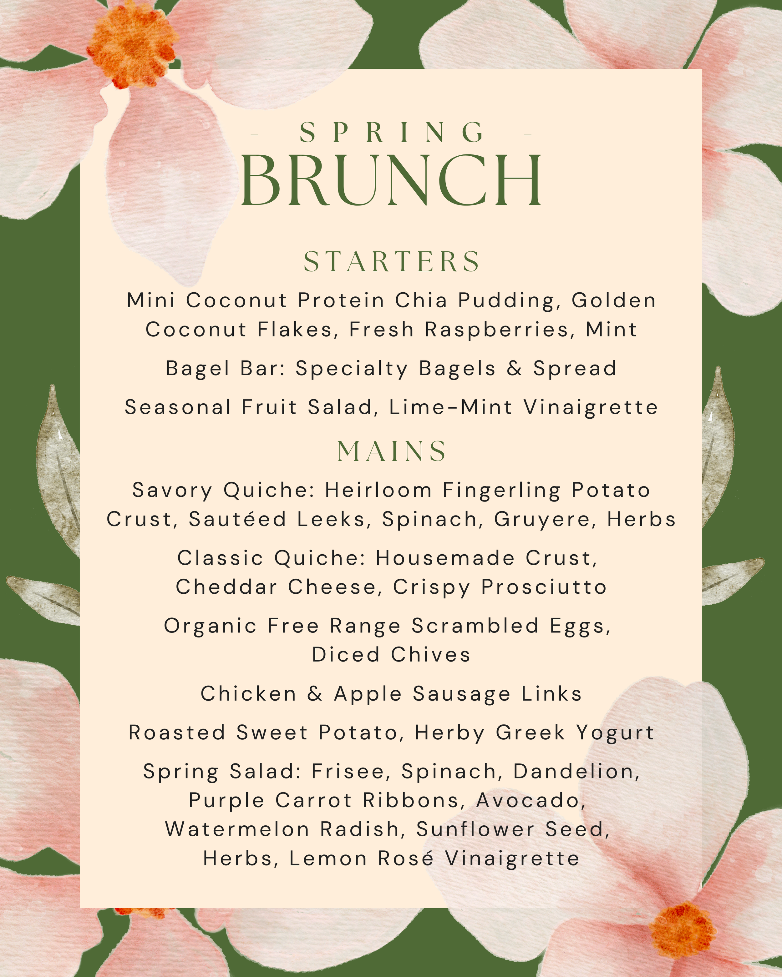 A floral spring-themed menu with sections for starters and mains, featuring dishes such as coconut protein chia pudding, seasonal fruit salad, savory quiche, roasted sweet potato, spring salad, and chicken apple sausage.