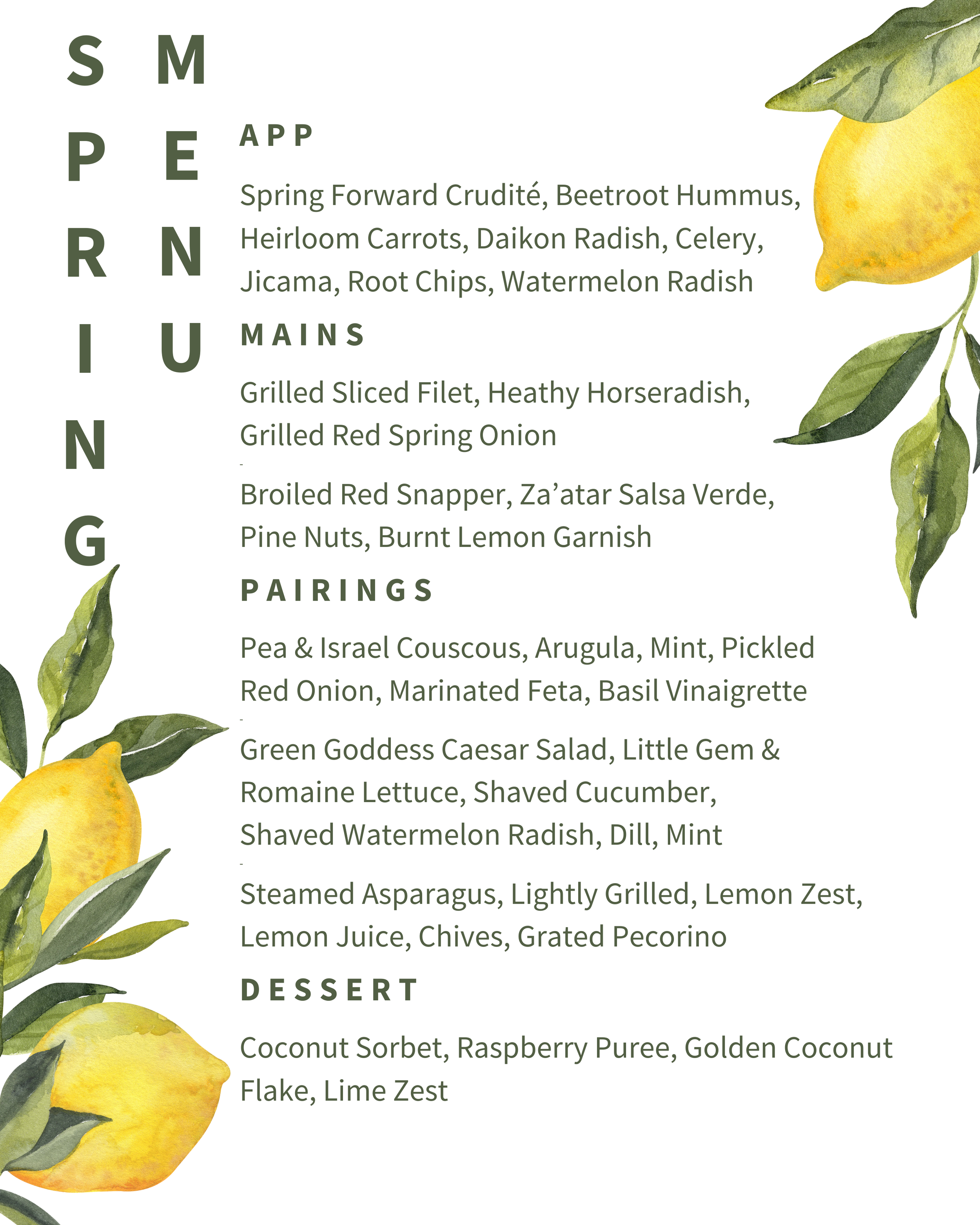 A menu with a decorative lemon illustration on the left side and the right side text listing a spring menu with appetizers, mains, pairings, and desserts, featuring fresh ingredients like vegetables, fish, and fruits.