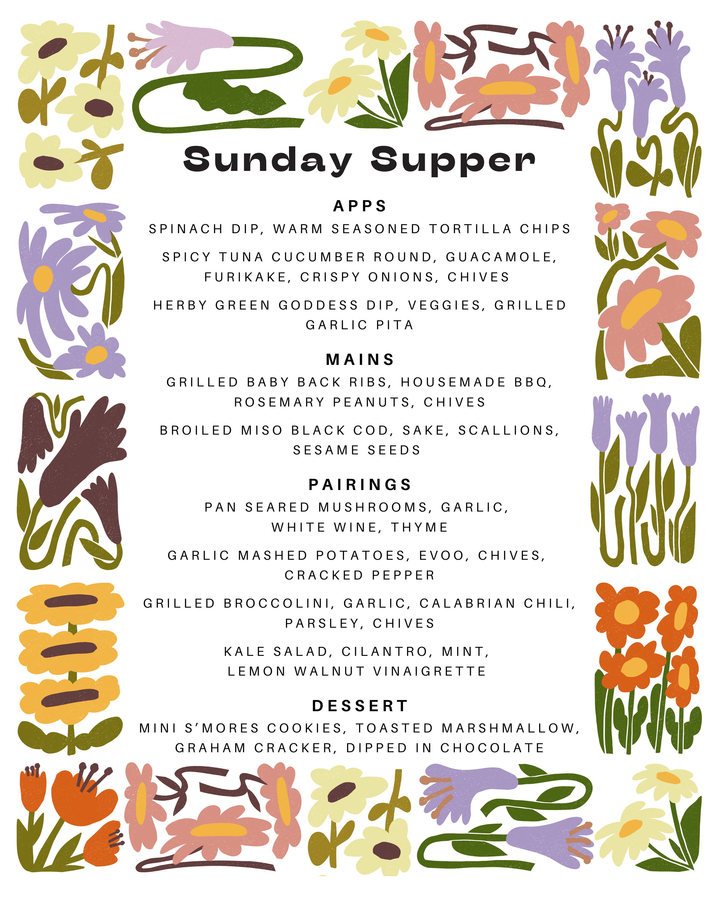 A colorful illustrated menu with floral border design, titled 'Sunday Supper,' listing appetizers, mains, and dessert options.