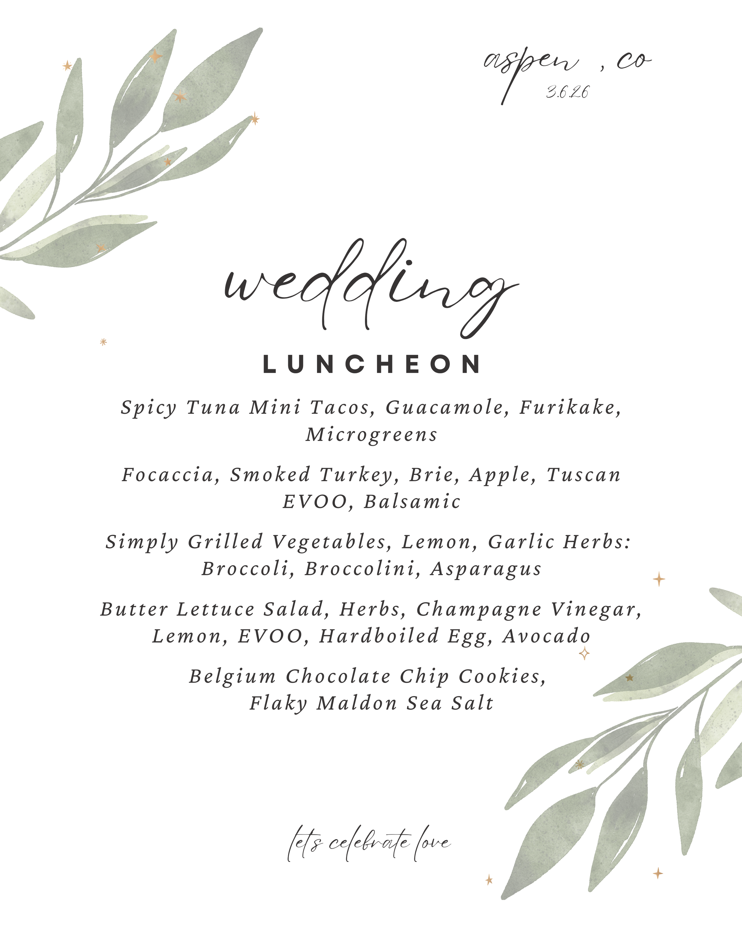 Wedding luncheon menu on a white background with green leaf illustrations and small star accents, featuring a list of dishes including mini tacos, focaccia, vegetables, salads, and cookies.
