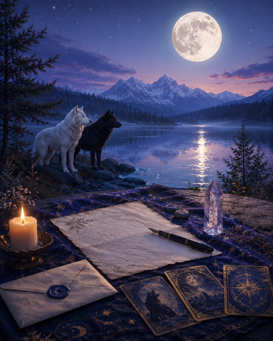 Two wolves in a moonlit Nordic landscape with tarot cards, candlelight, crystal, and a written letter, symbolizing clarity, guidance, and intuitive readings at The Eirwolf.