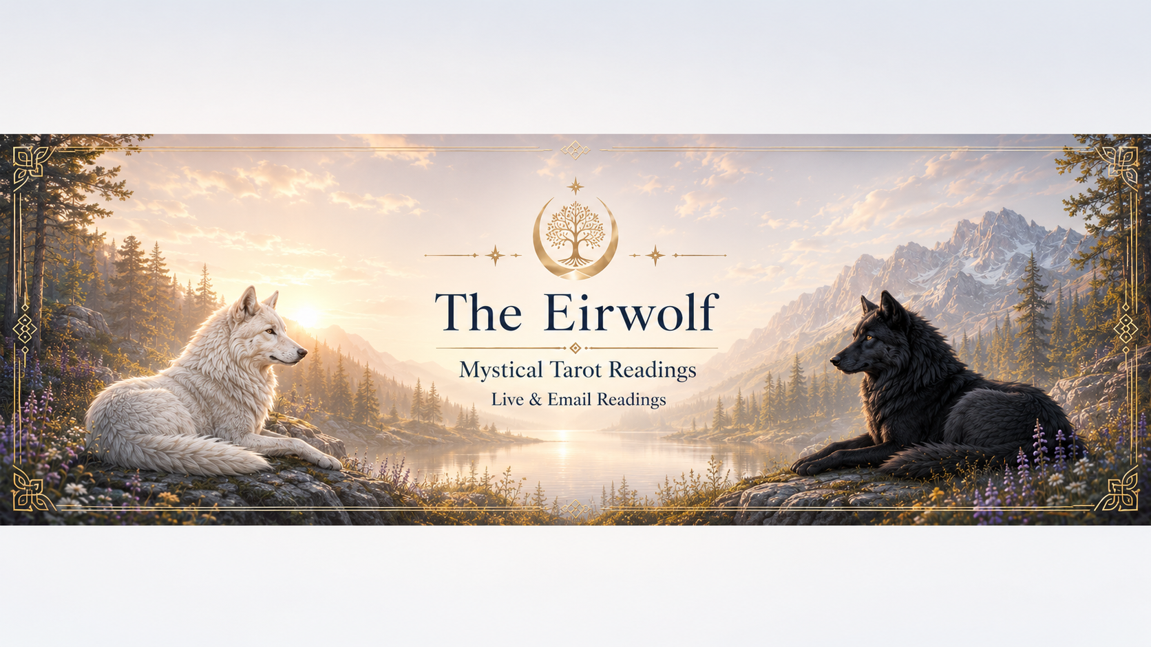 Two mystical wolves in a Nordic mountain landscape with moonlight, representing The Eirwolf online tarot readings for clarity, guidance, and insight.