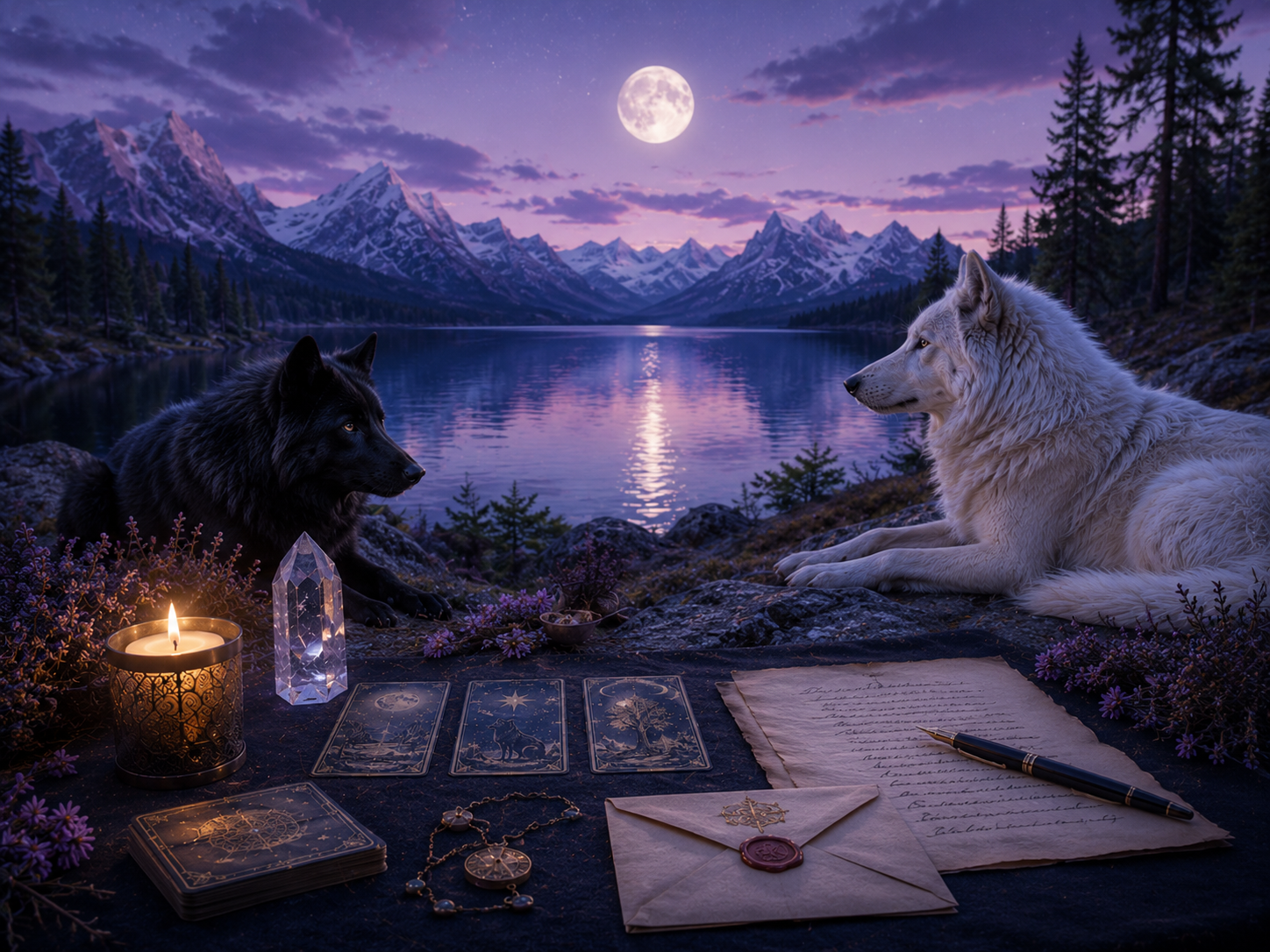 White and black wolves by a moonlit Nordic lake with tarot cards, candlelight, crystals, and handwritten notes, representing live and email tarot readings by The Eirwolf.