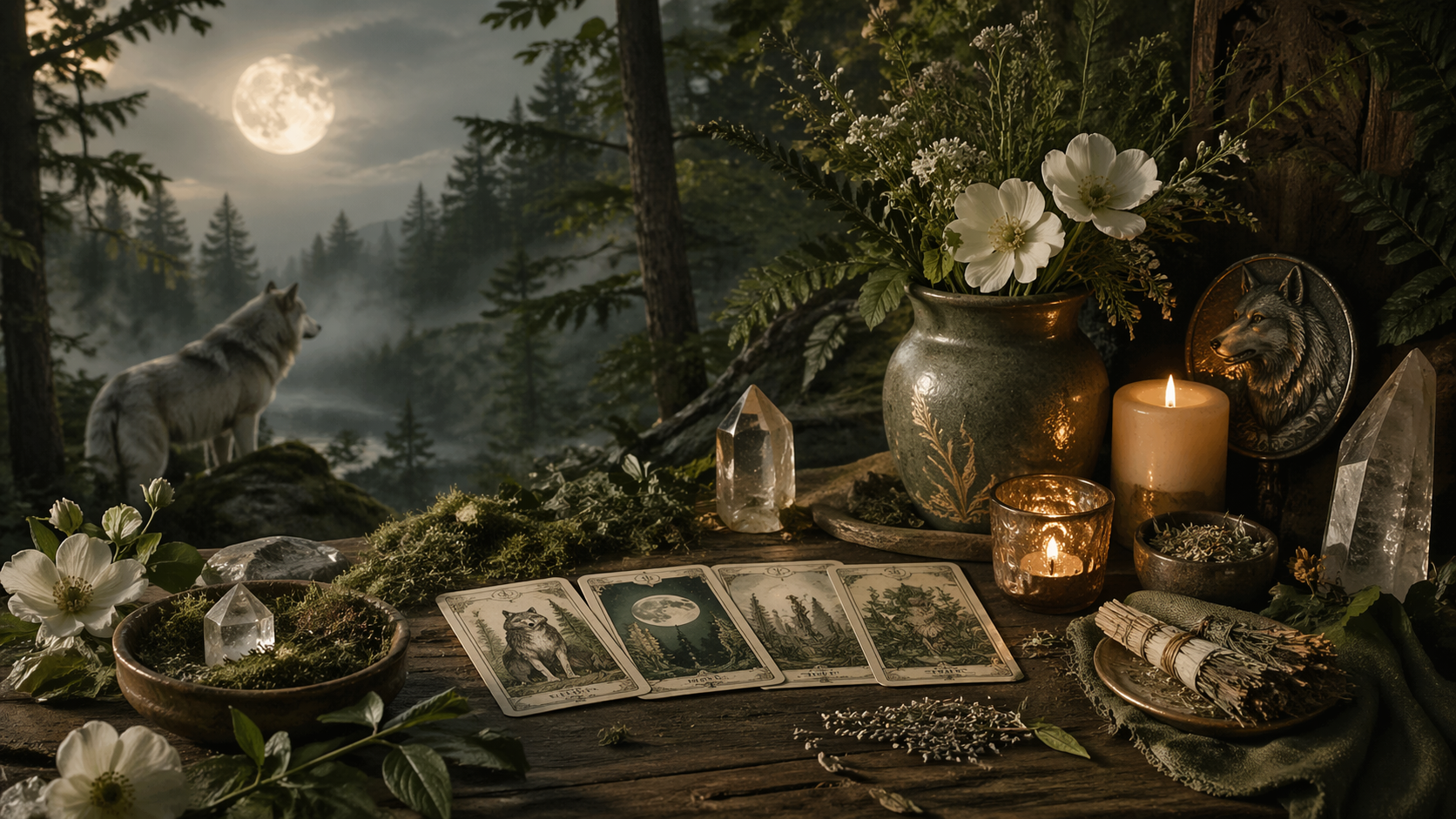Moonlit woodland altar with crystals, herbs, flowers, and gentle wolf symbolism