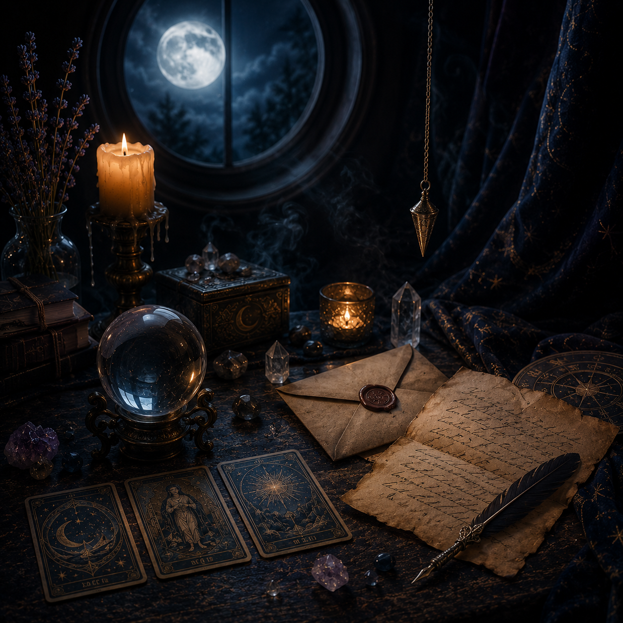 Tarot cards, crystal ball, sealed envelope and handwritten letter in a dark candlelit setting.