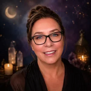 Portrait of The Eirwolf tarot reader in a dark mystical setting with candles and a crescent moon.