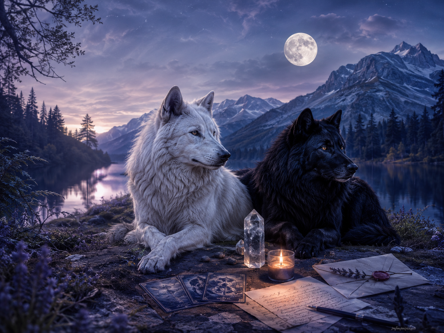 Two wolves beside a moonlit river with tarot cards, candlelight, crystal, handwritten letters, and a sealed envelope, representing The Eirwolf live and written email readings.