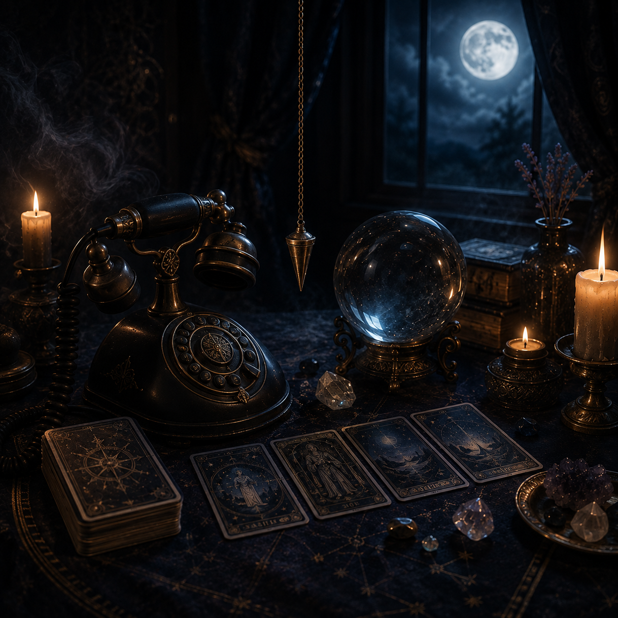 Vintage telephone beside tarot cards, crystal ball, pendulum and crystals in a dark mystical setting.