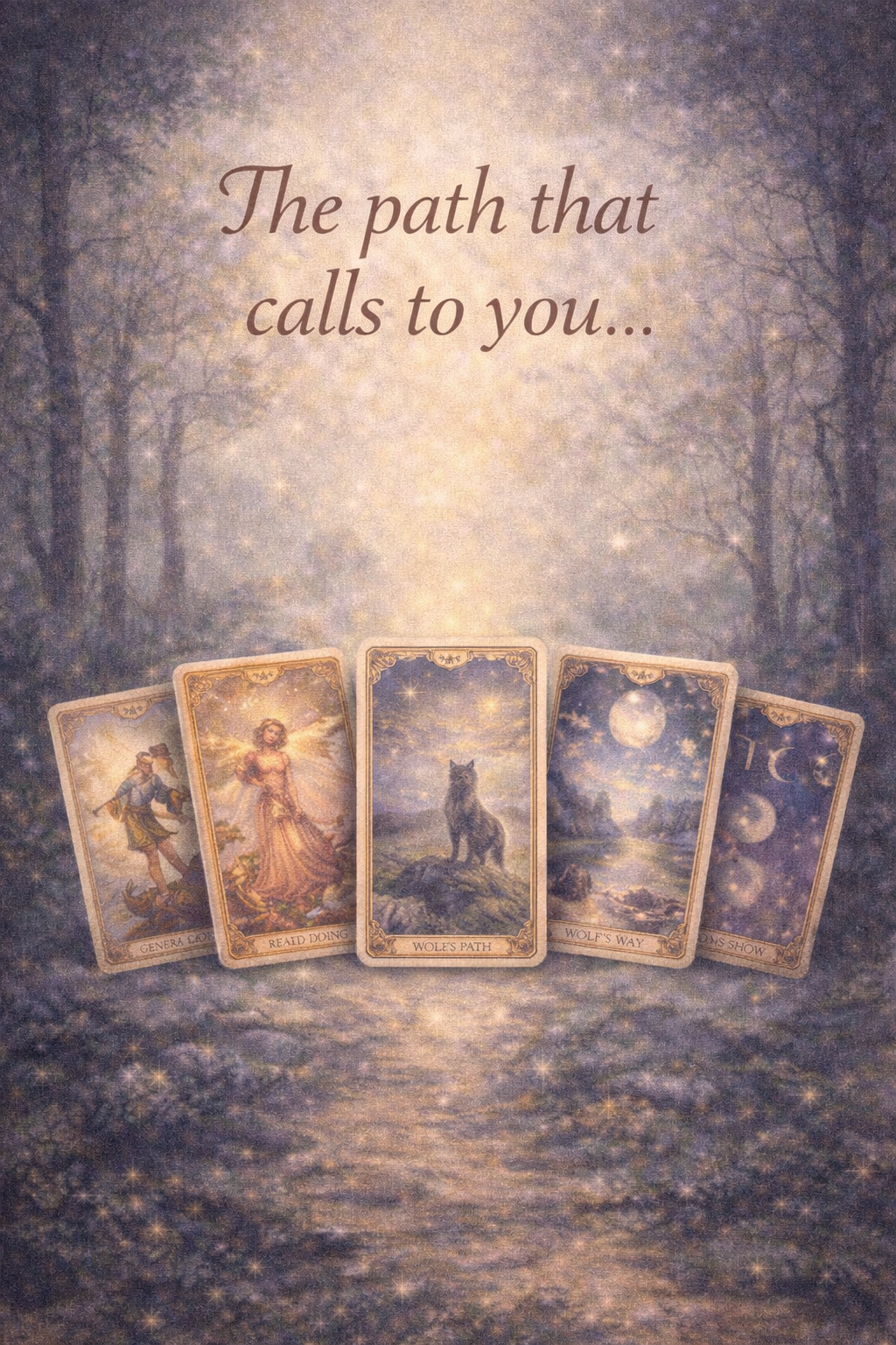 Artwork for The Eirwolf showing a mystical path and tarot imagery, representing intuitive guidance and choosing the reading that calls to you first.