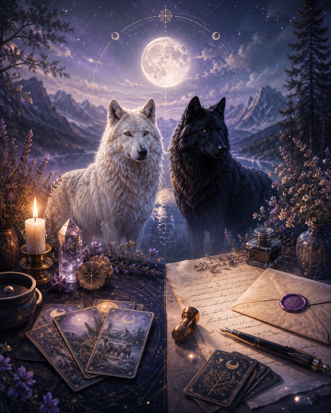 Two wolves with tarot cards, candlelight, crystal, and a written letter, representing live tarot readings and written email readings at The Eirwolf.