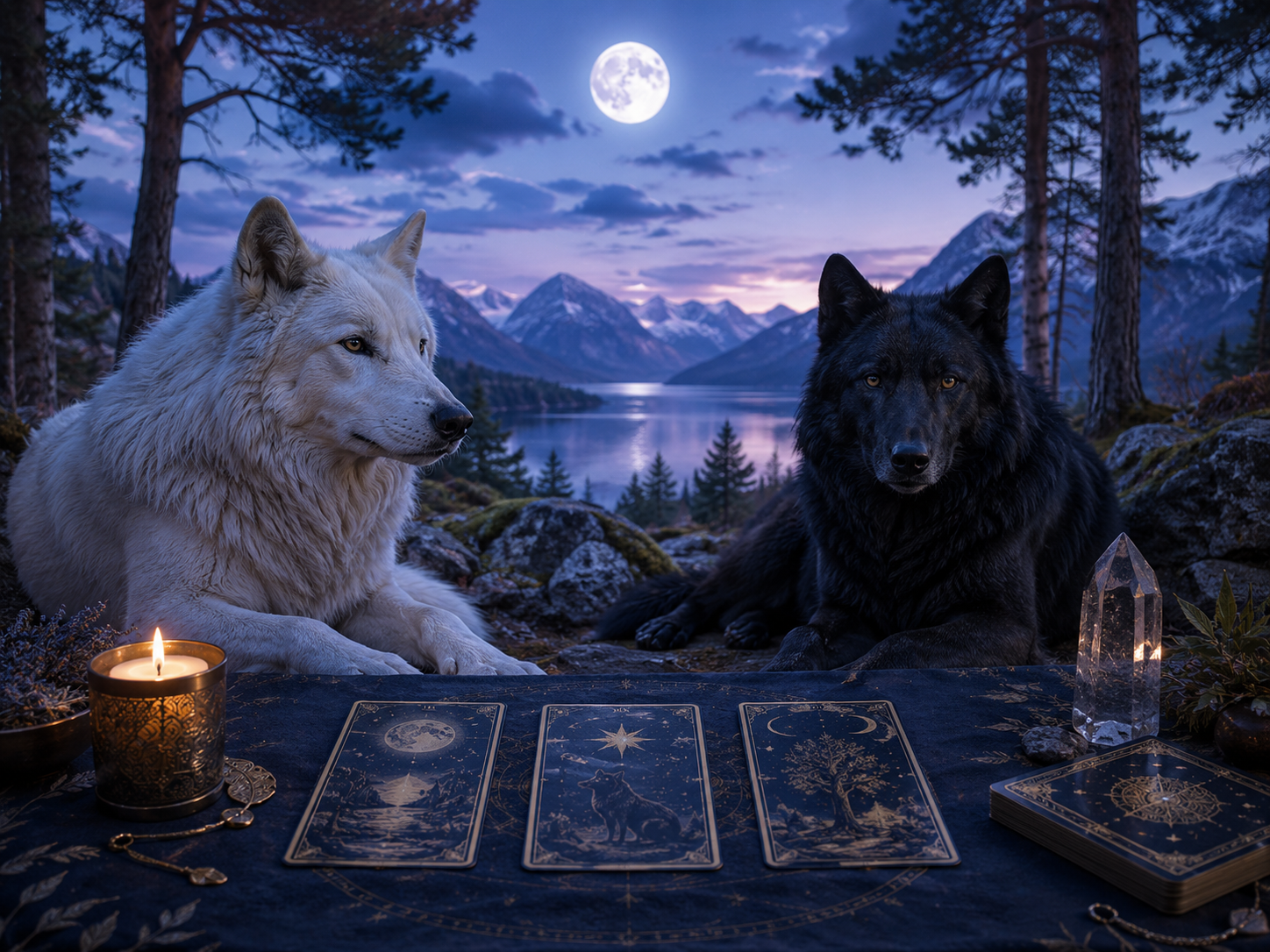 White and black wolves resting beneath a full moon with tarot cards, candlelight, and crystal, symbolizing mystical tarot guidance and intuitive insight at The Eirwolf.