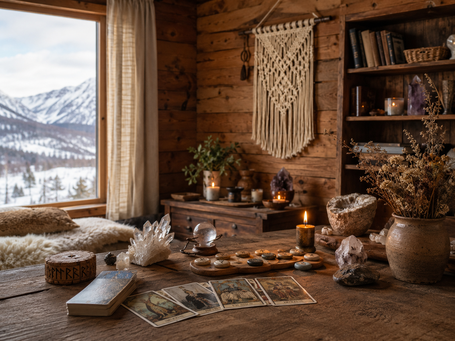 Cozy Nordic interior with a wooden table holding tarot cards, rune stones, crystals, a crystal ball, candles, and handmade fiber art, set in a rustic cabin with snowy mountains outside the window.
