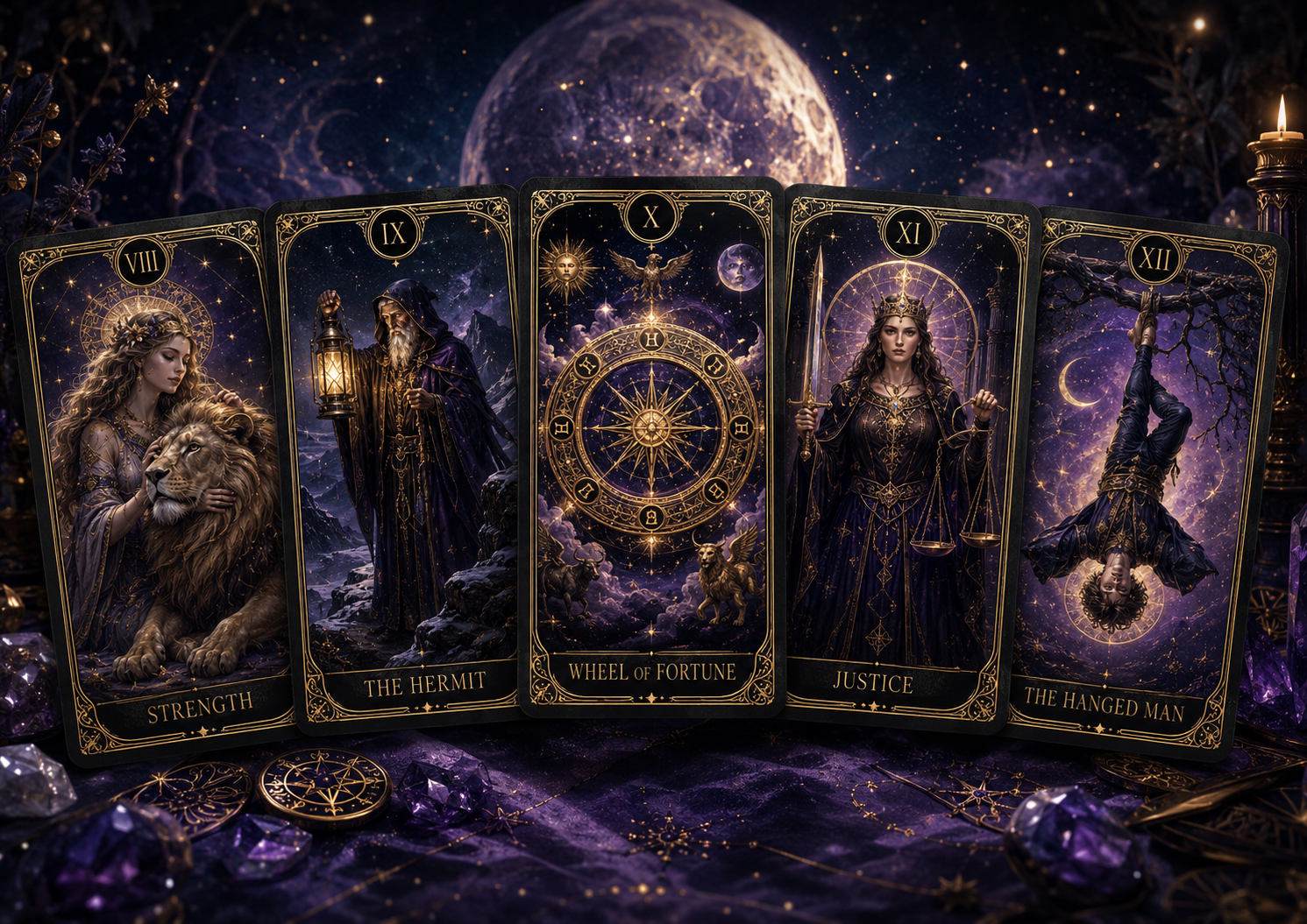 Five mystical Major Arcana tarot cards from The Eirwolf Tarot showing Strength, The Hermit, Wheel of Fortune, Justice, and The Hanged Man in a moonlit purple and gold setting.
