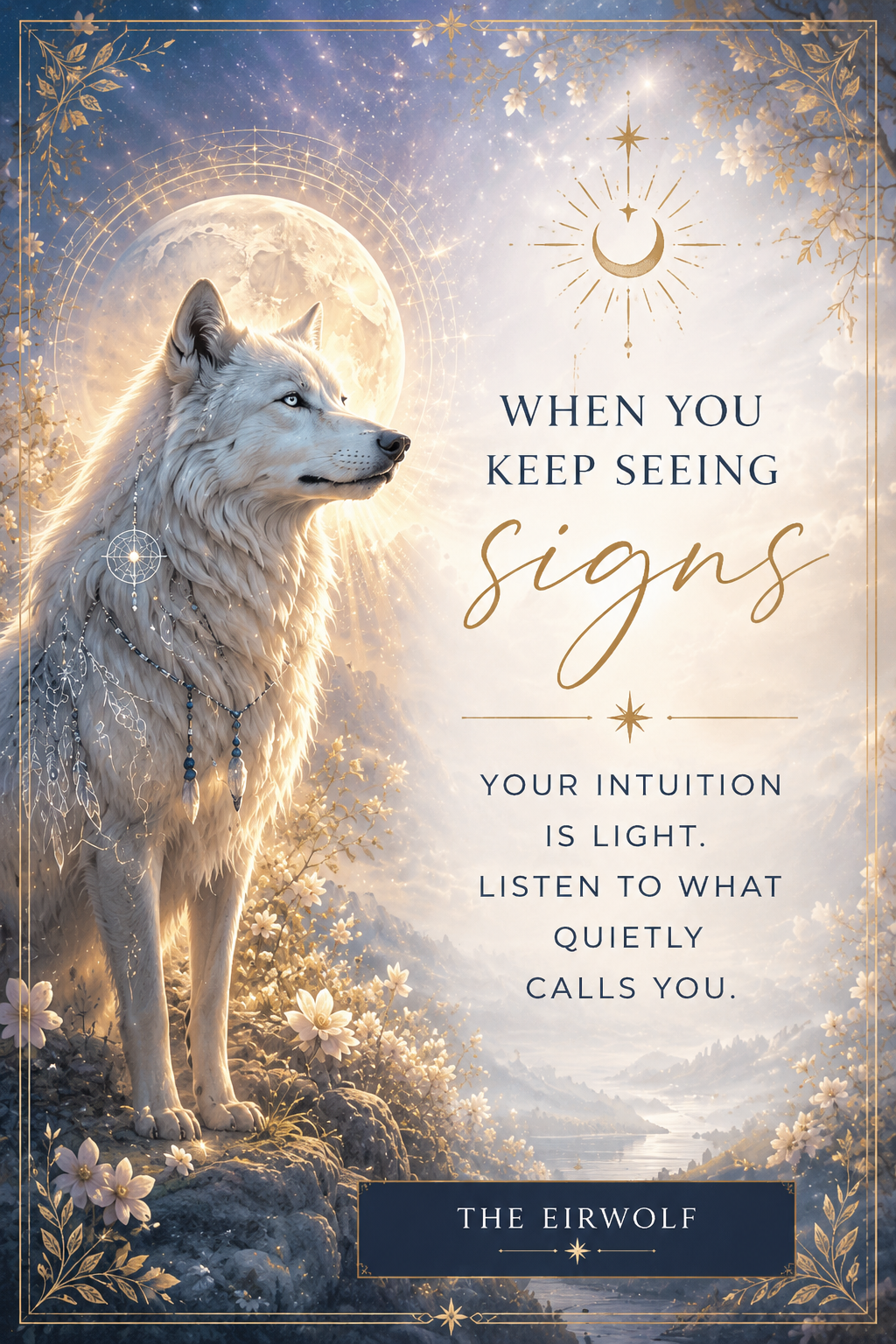 White wolf in moonlight with mystical signs, representing intuition, quiet guidance, and the first step toward a tarot reading.