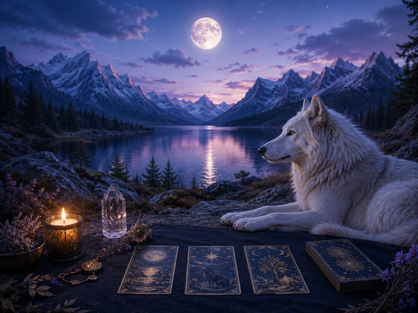 White wolf beside tarot cards, candlelight, crystal, and moonlit Nordic mountains, representing The Eirwolf online tarot readings for clarity, guidance, and insight.