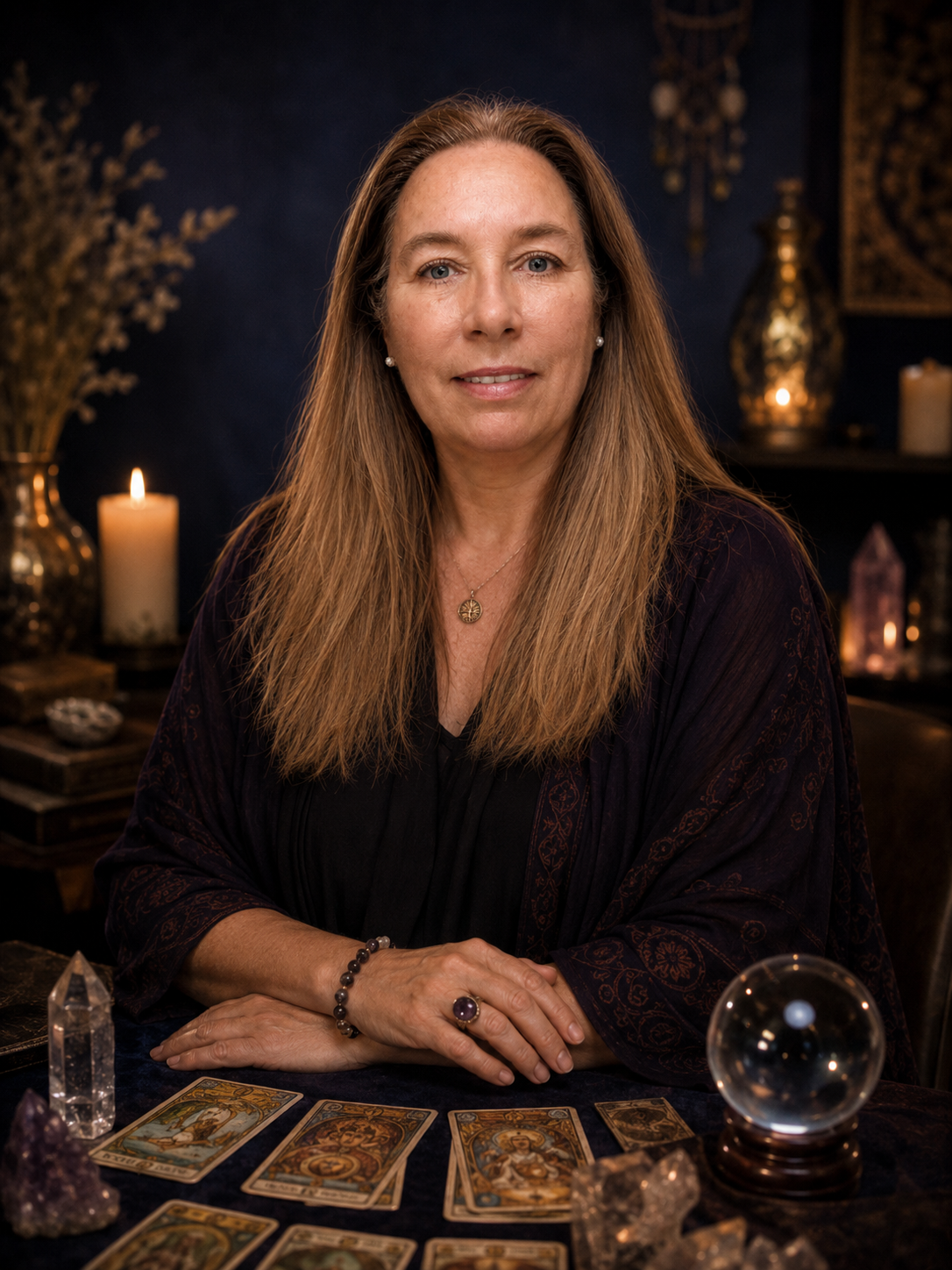 Portrait of Helen, the reader behind The Eirwolf, in a warm and mystical setting.
