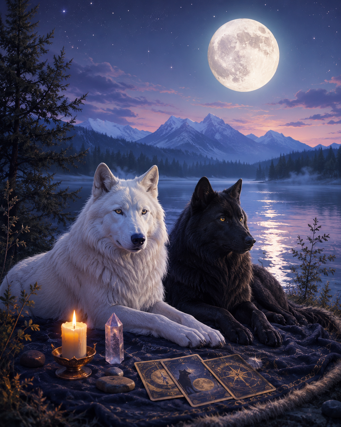 White and black wolves under a full moon beside tarot cards, candlelight, and crystals, representing mystical online tarot readings in English and Swedish.