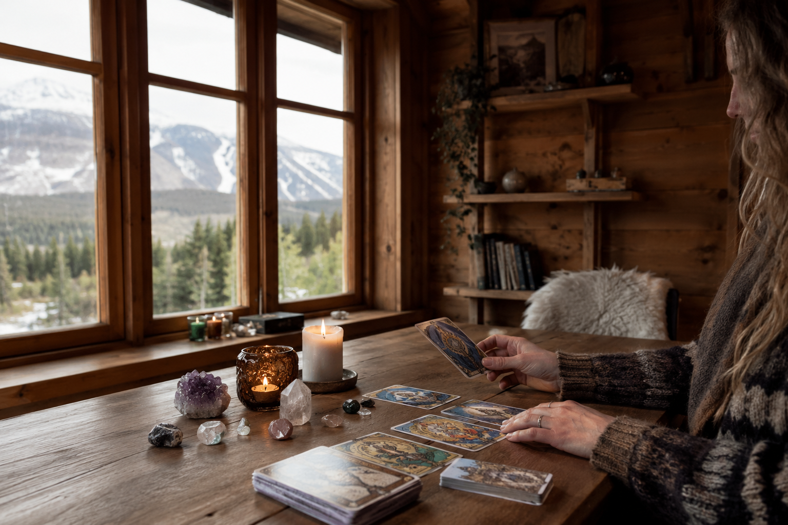 Woman overlooking a Nordic mountain landscape with tarot cards, crystals and a lantern.
