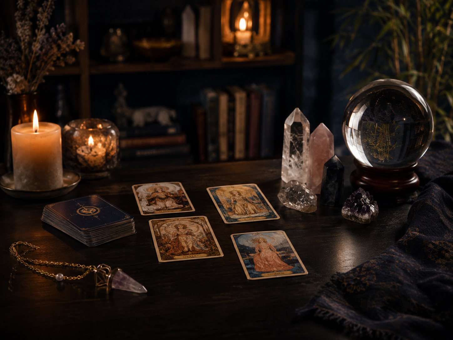 Tarot cards, pendulum, crystals and crystal ball arranged in a dark, intimate reading setting.