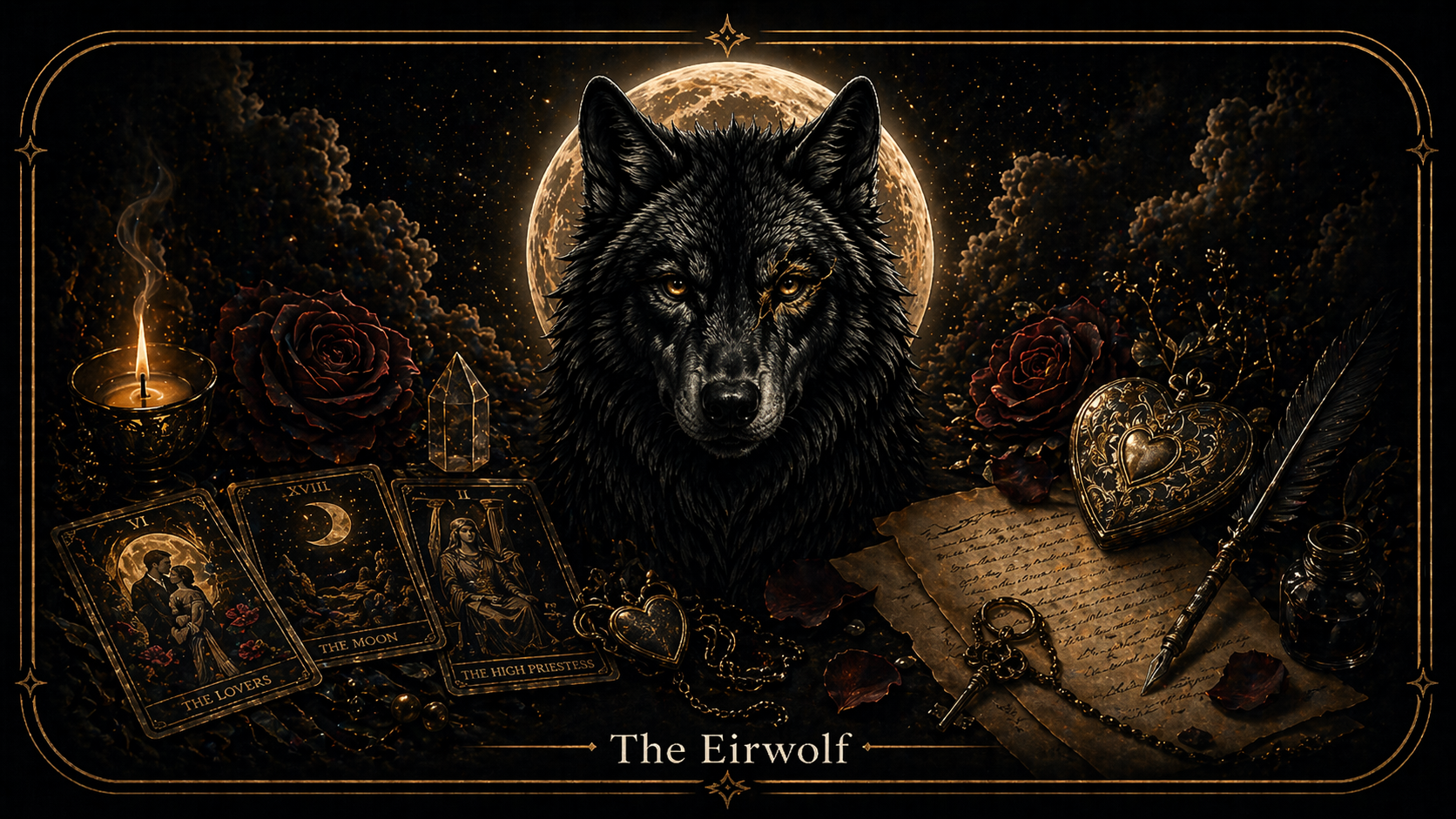 Dark wolf with tarot cards, candlelight, journal pages, and mystical symbols, representing The Eirwolf blog and spiritual reflections.