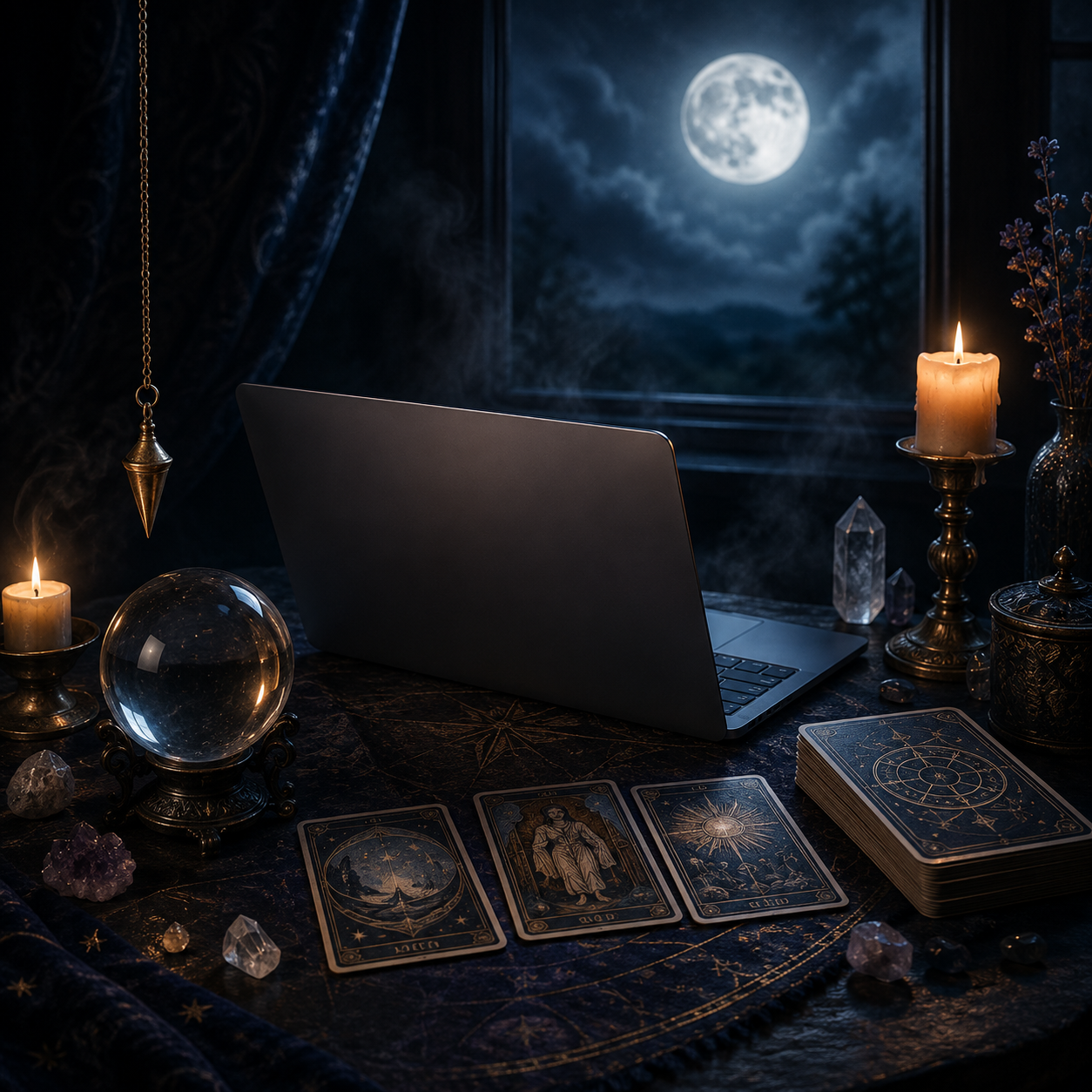 Laptop beside tarot cards, crystal ball, pendulum and crystals in a dark candlelit setting.
