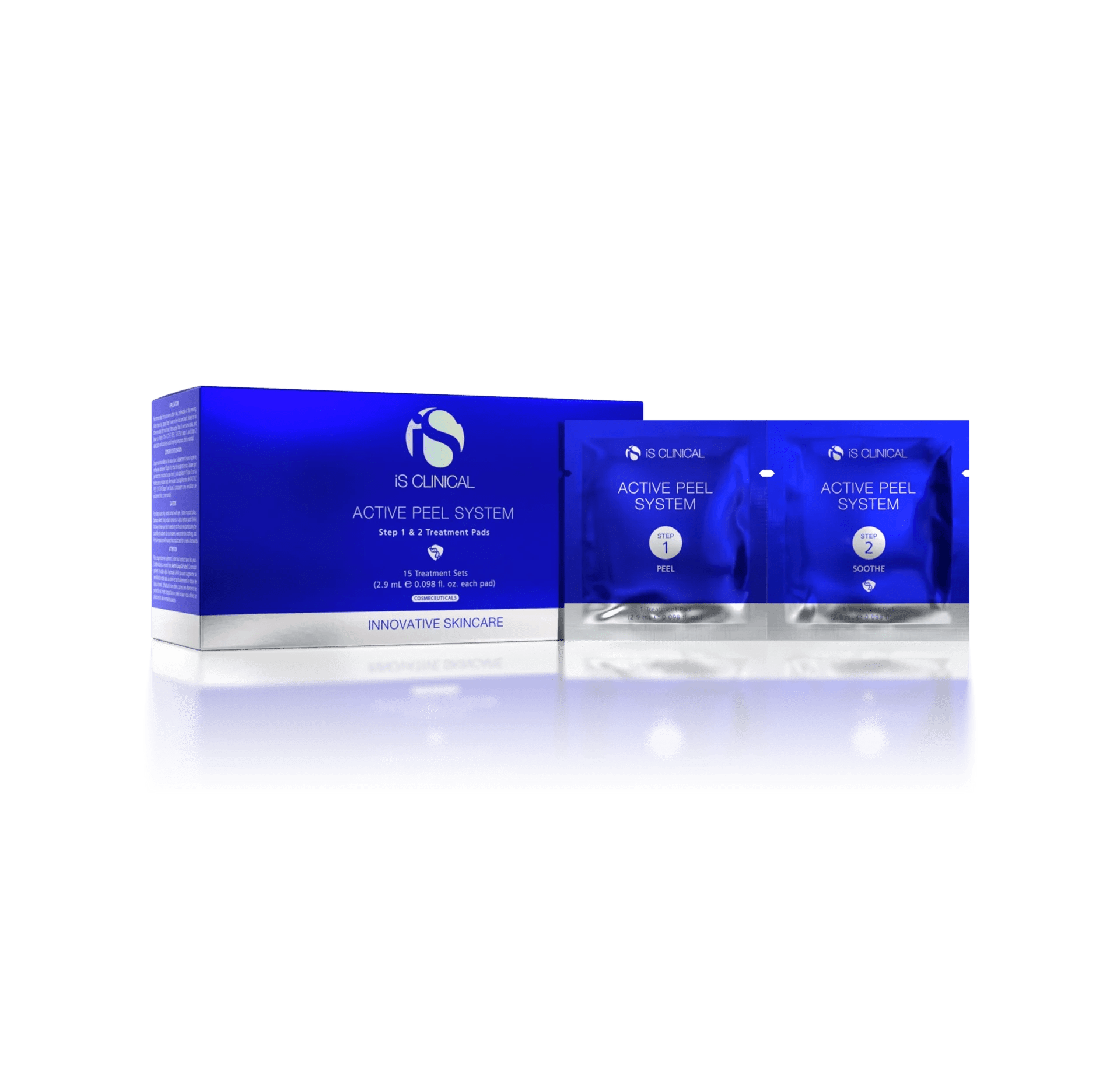 Blue box packaging for iS Clinical Active Peel System, including step 1 and step 2 treatment pads, with a reflection on a black background.