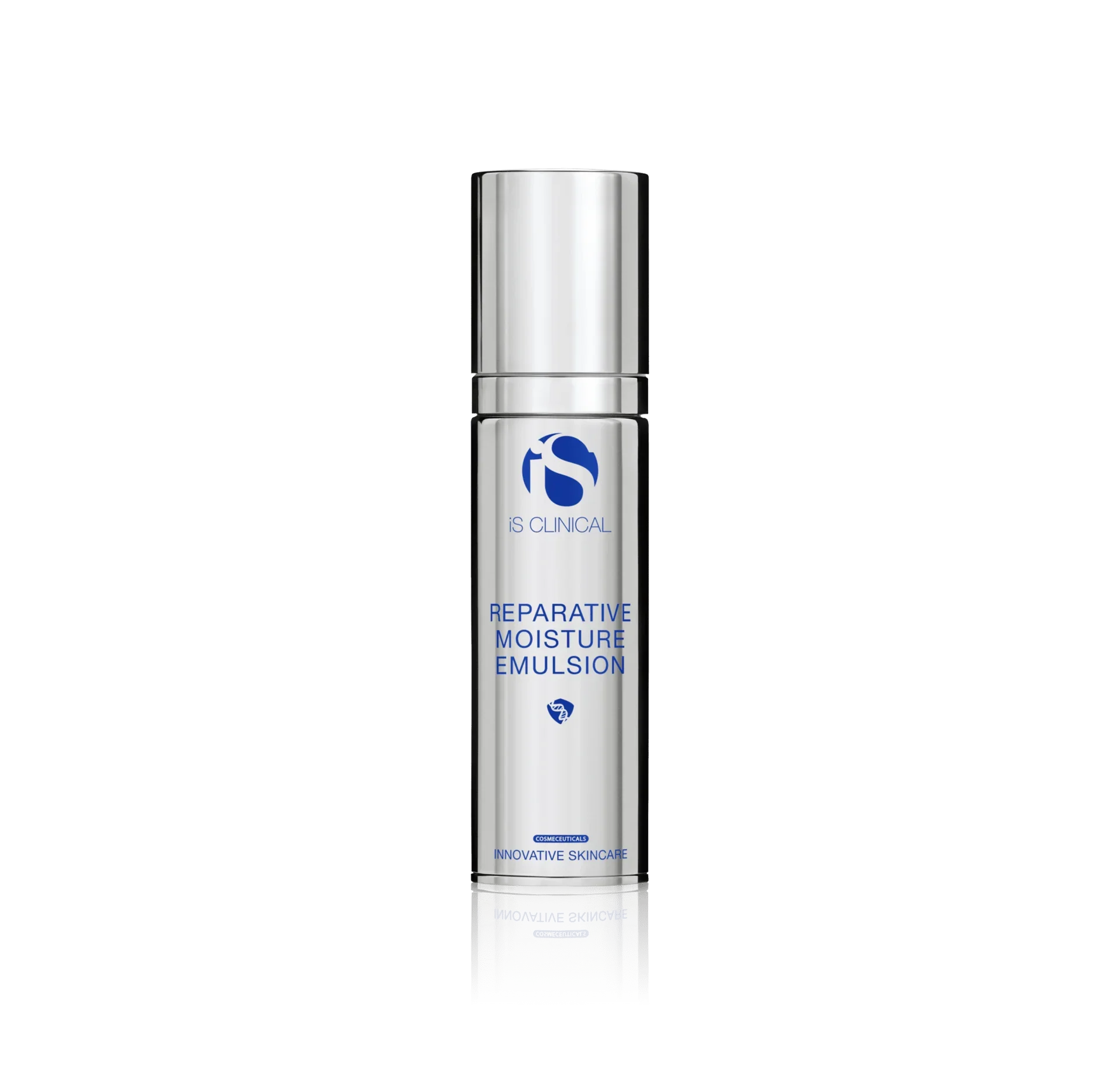 A silver metallic bottle labeled 'Reparative Moisture Emulsion' with blue text and logo, set against a black background, reflecting below.