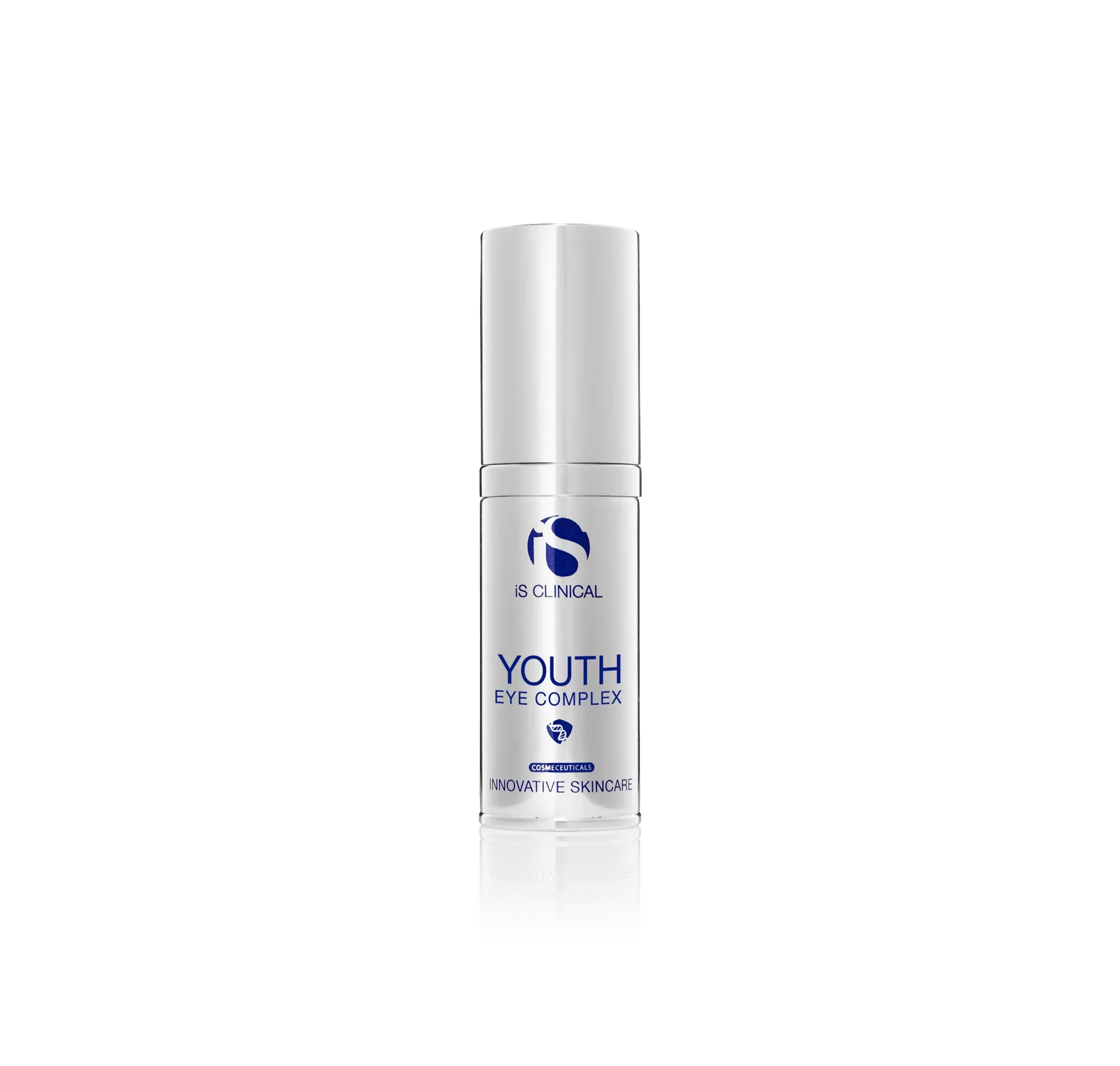 White skincare product container labeled "YOUTH Eye Complex" with blue text and logo on it, standing upright on a reflective black surface.