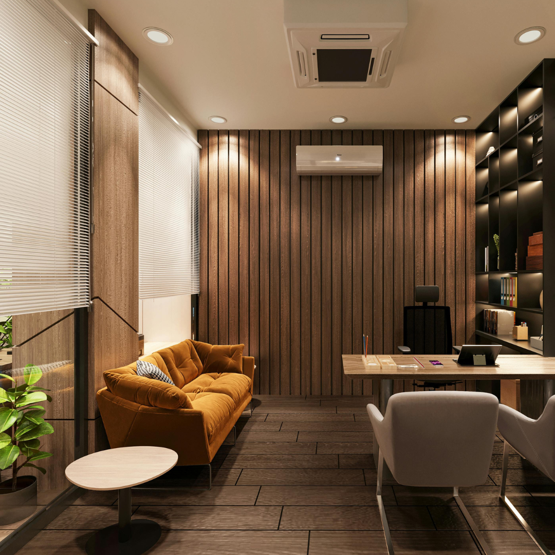 Modern wood-paneled office with orange sofa, white chairs, desk with office supplies, shelves with books, plants, and a window with blinds.