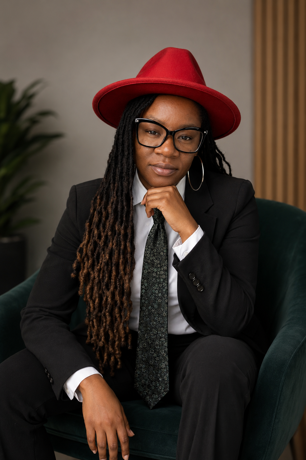 A woman with long dreadlocks, wearing glasses, a red hat, a black blazer, white shirt, and patterned tie, sitting on a dark green chair in an indoor setting.