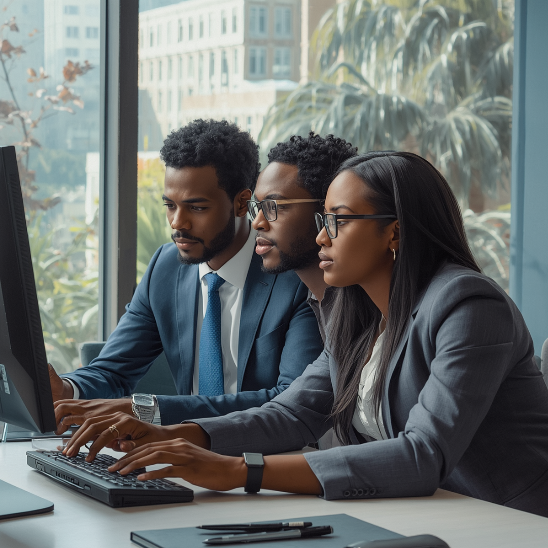 Three business professionals, two men and one woman, working together at a desktop computer in an office with large windows showing an outdoor cityscape.