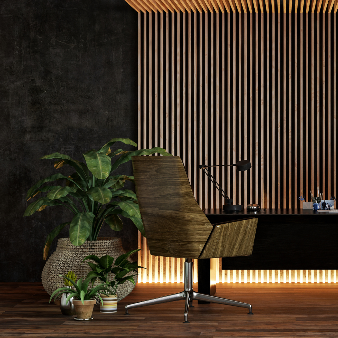 Modern office space with a wooden desk, a matching wooden office chair, black desk lamp, and potted plants near a textured black wall and a wood lattice wall panel.