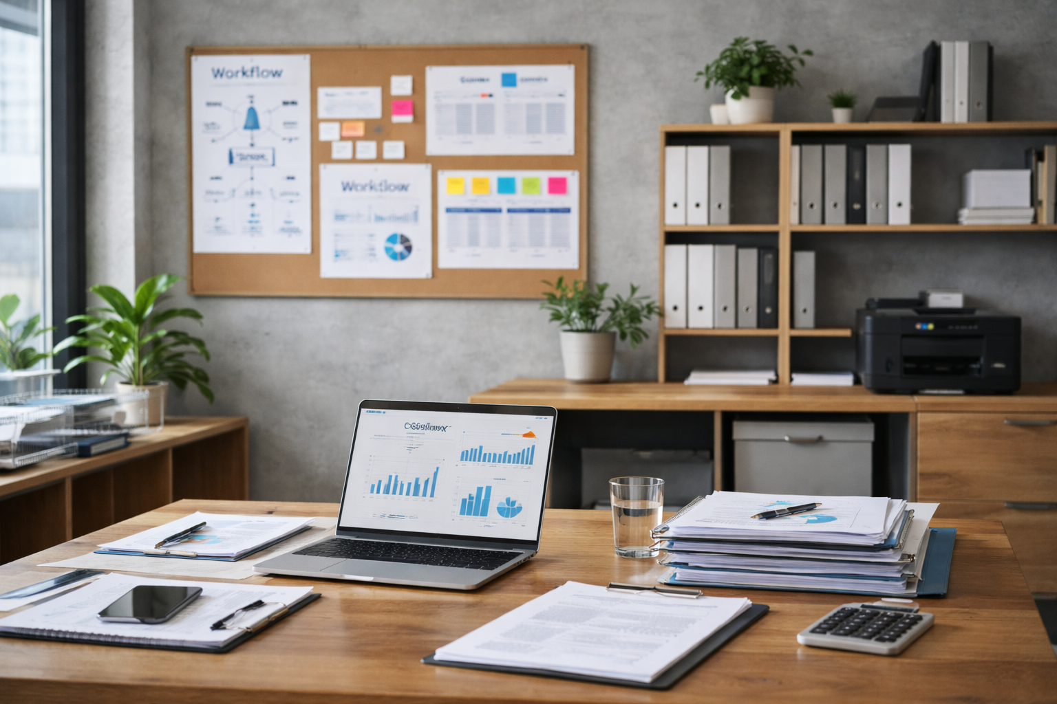 Office desk with laptop displaying bar graphs, stacks of papers, and a glass of water.