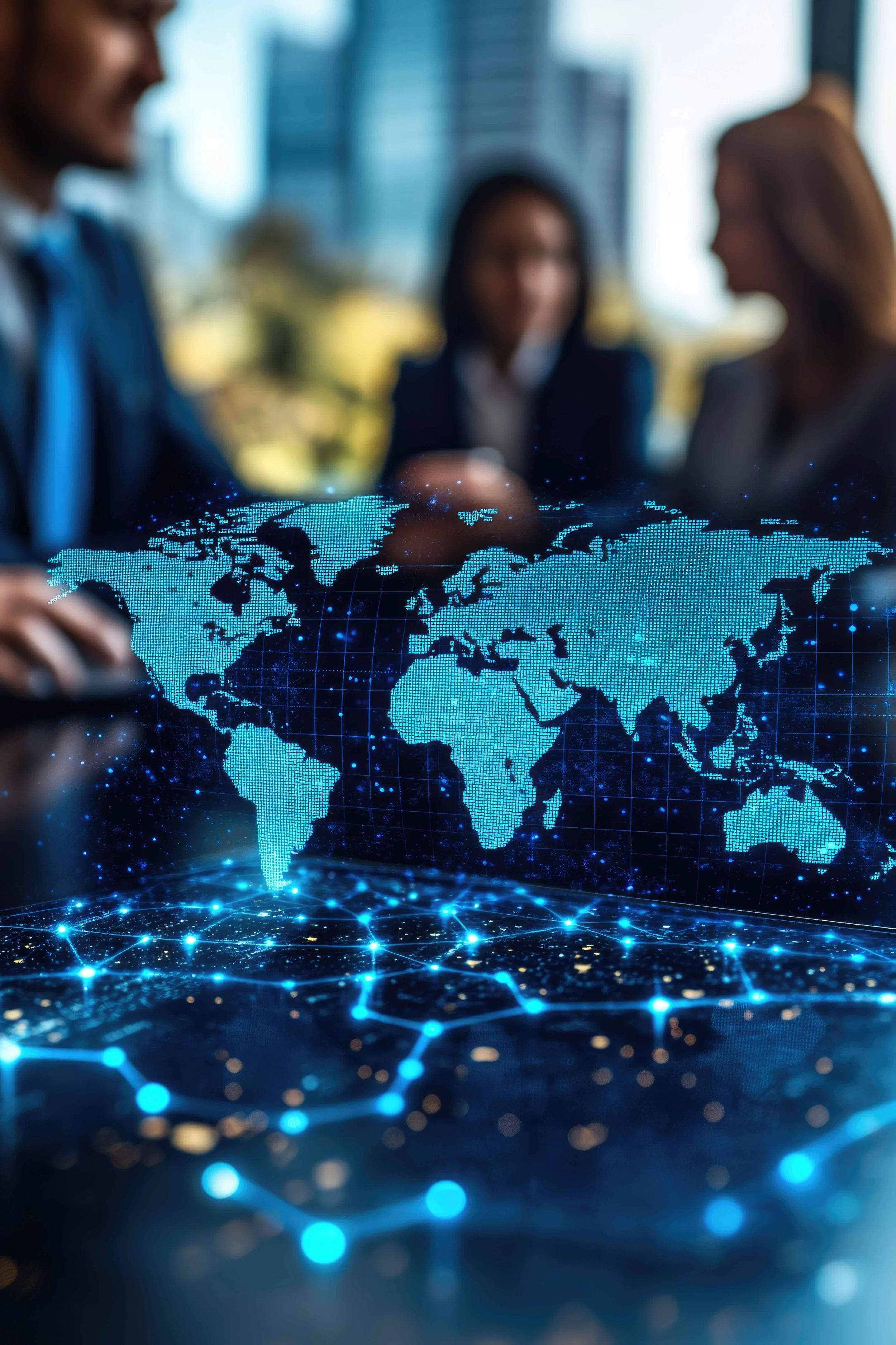 Digital hologram of a world map with bright blue interconnected nodes over a business meeting in a modern office.