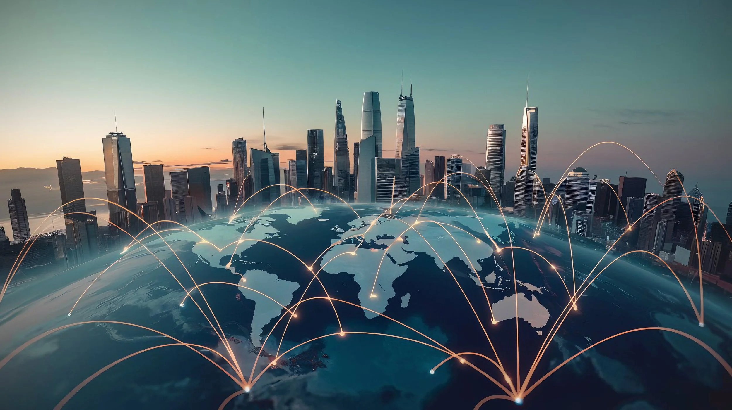 Digital illustration of a city skyline with skyscrapers and a globe beneath the buildings. The globe has glowing lines connecting different parts of the world, representing global communication or network connections.