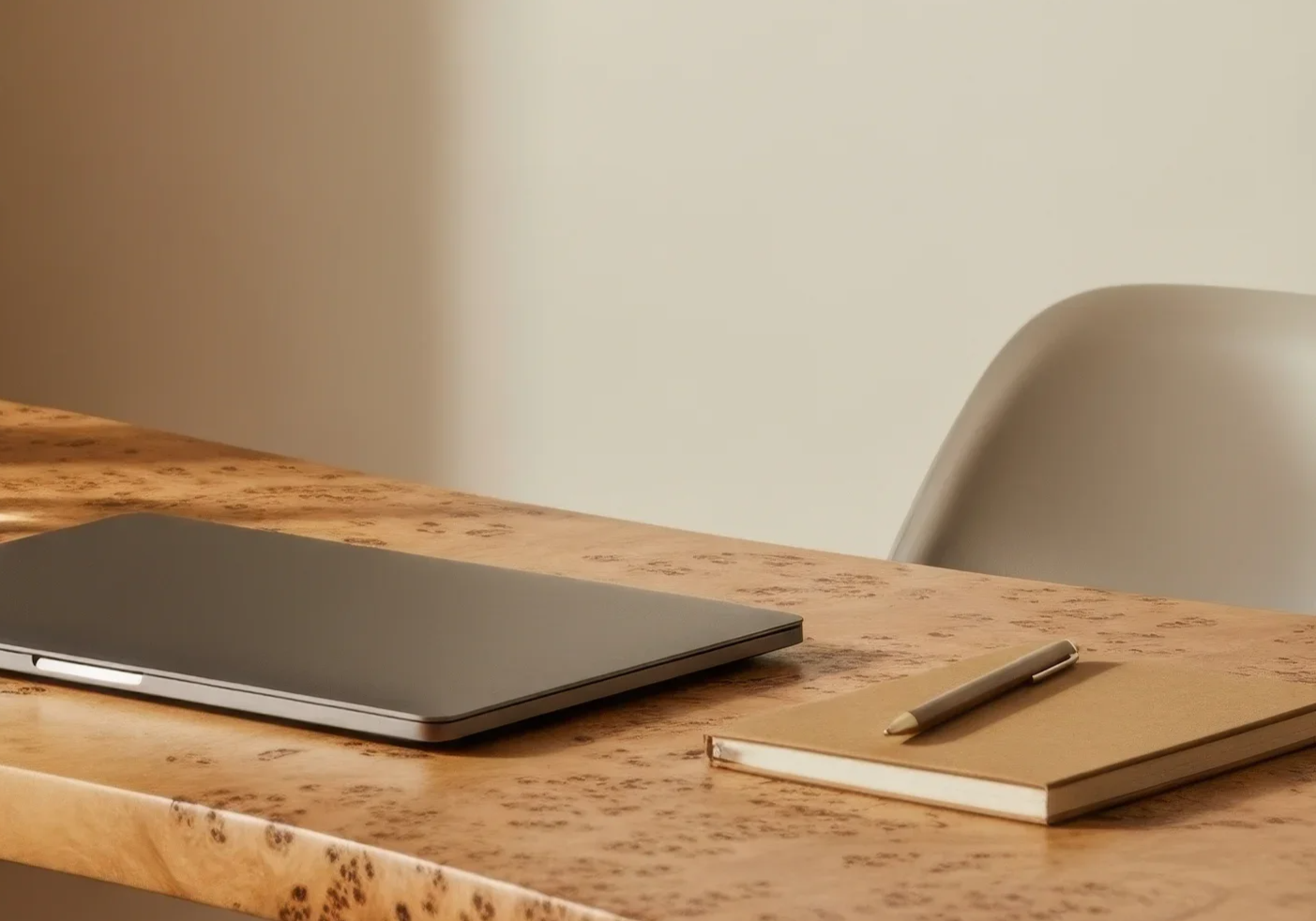 A laptop, a closed notebook, and a pen on a granite table with a gray chair in the background.