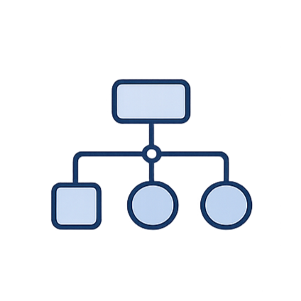 Digital diagram of a network or organizational hierarchy with interconnected rectangular and circular nodes on a dark background.