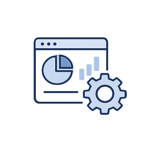 Digital illustration of a computer screen showing pie chart and bar graph, with a gear icon representing settings or analytics.