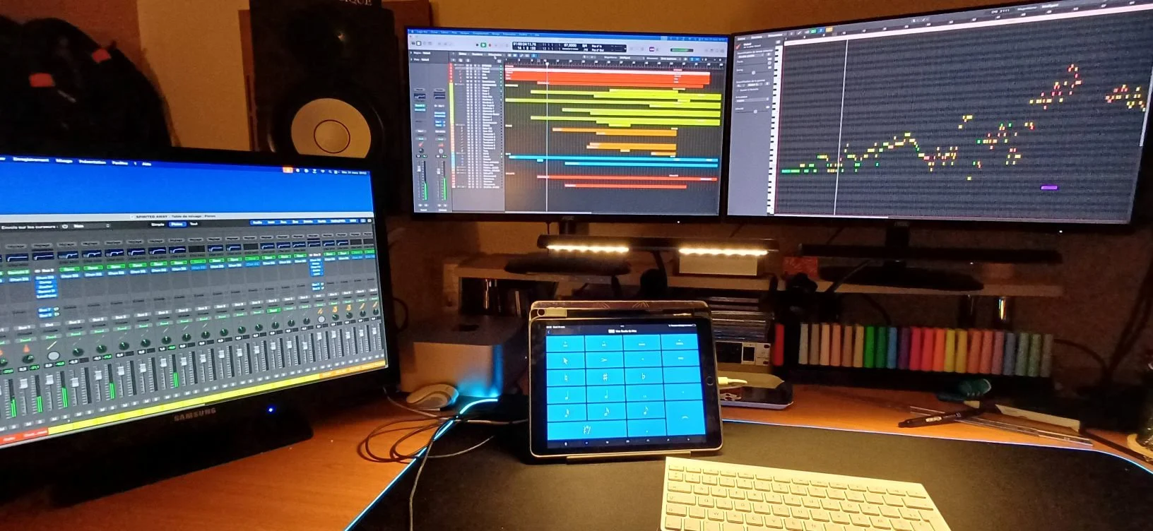 Studio de musique avec deux grands écrans affichant des logiciels de production musicale, un ordinateur portable avec une interface audio, une tablette avec une interface de clavier, un clavier d'ordinateur, des nombreux marqueurs de couleur et un équipement audio professionnel.
