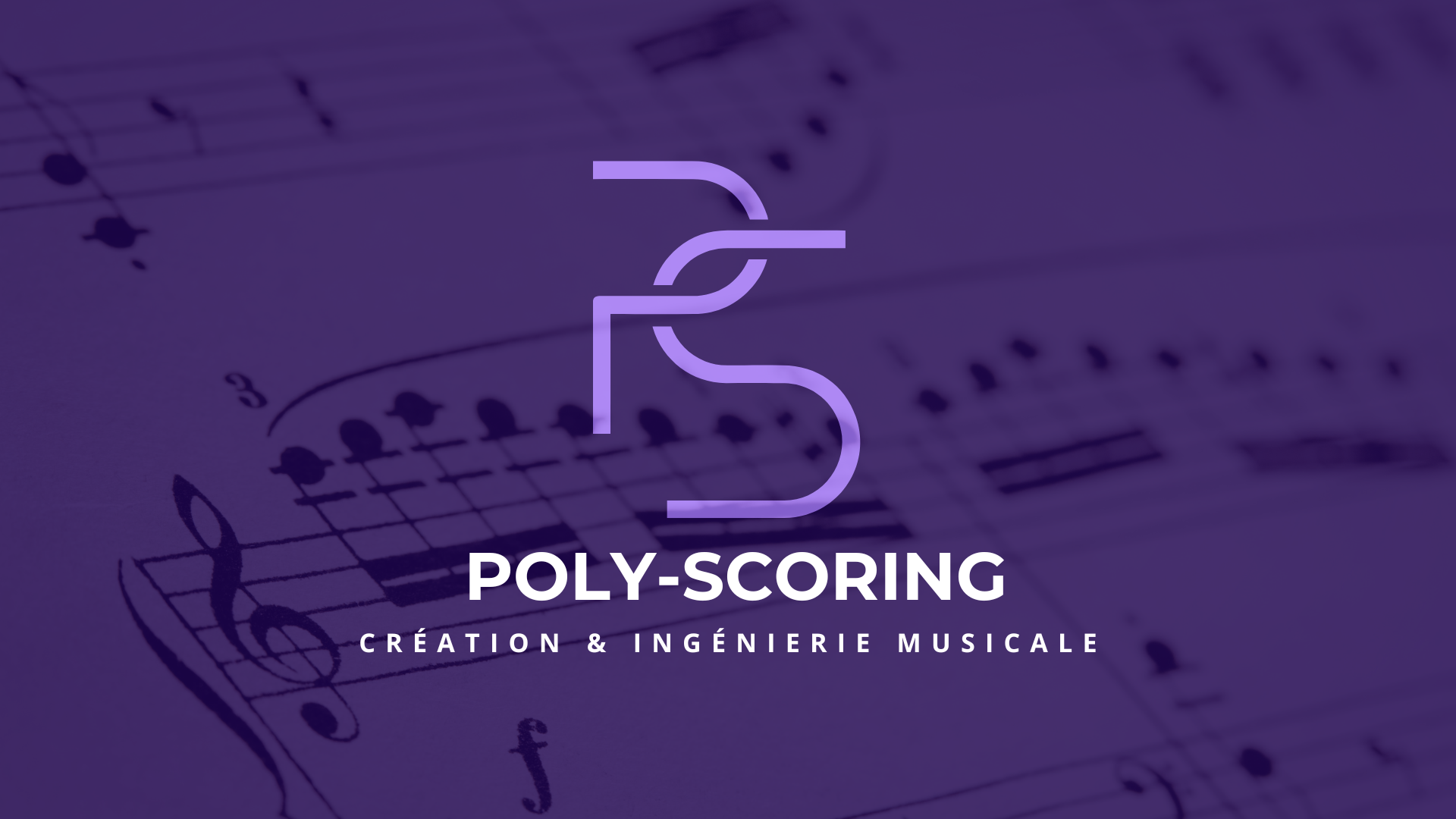 Logo de Poly-Scoring avec fond de partition musicale et texte en français sur la création et l'ingénierie musicale.